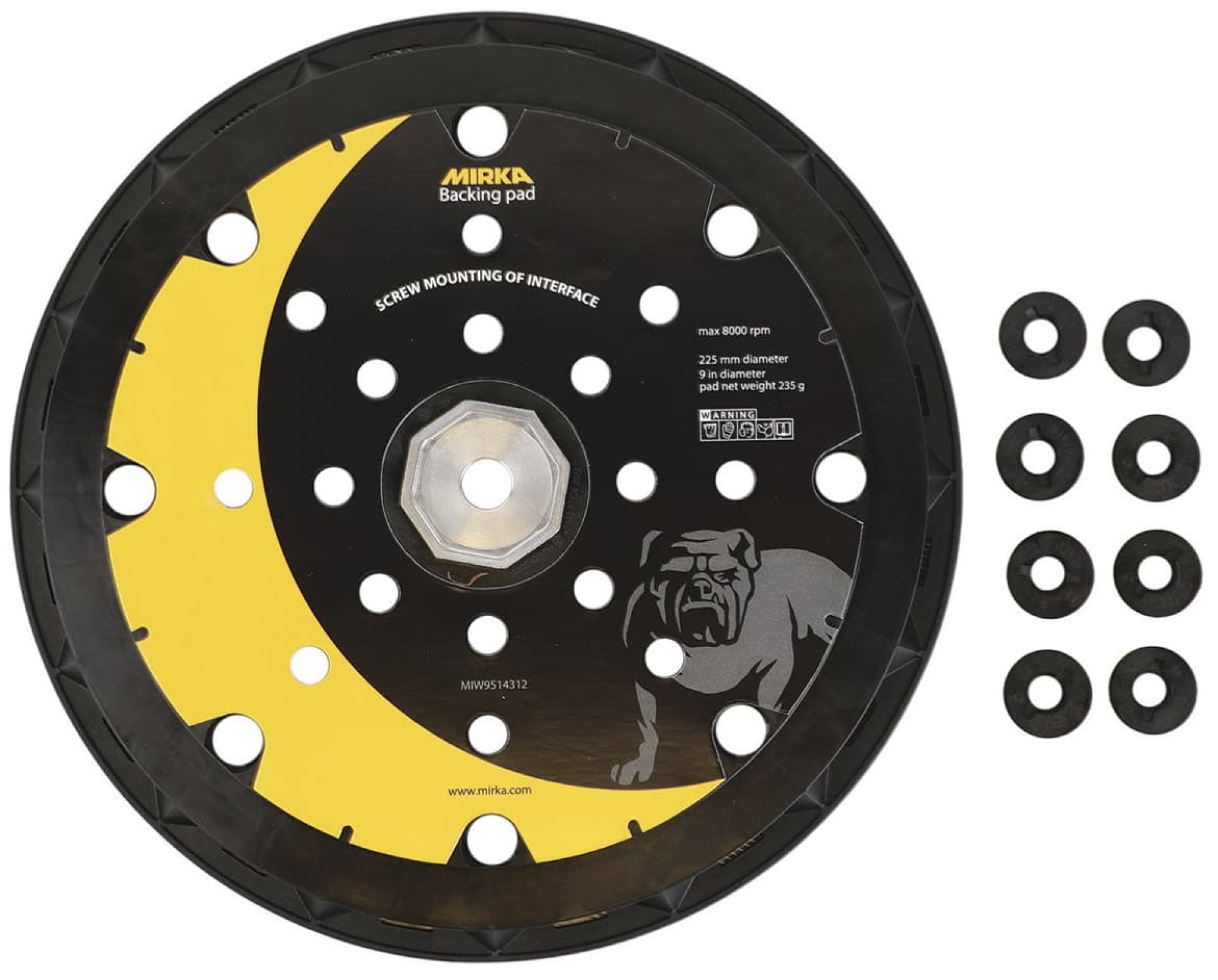Preview: Mirka® MIW9514312, Ø 225 mm, Inkl. 8 Schrauben, Kein Gewinde, Hart, 25 Löcher, Kletthaftend, Schleifteller für Lochsysteme: 25-fach gelochte, Multilochung und Gitternetzscheiben
