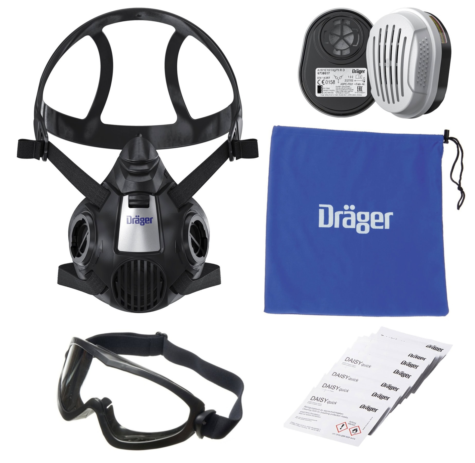 Dräger® X-plore® 3500 Gasmaske / Halbmaske A1B1E1K1 Hg P3 R D Filter Waldbrand Set 3707010, Größe M, Dräger Flex, Dräger® Bajonett-Klick Filteranschluss