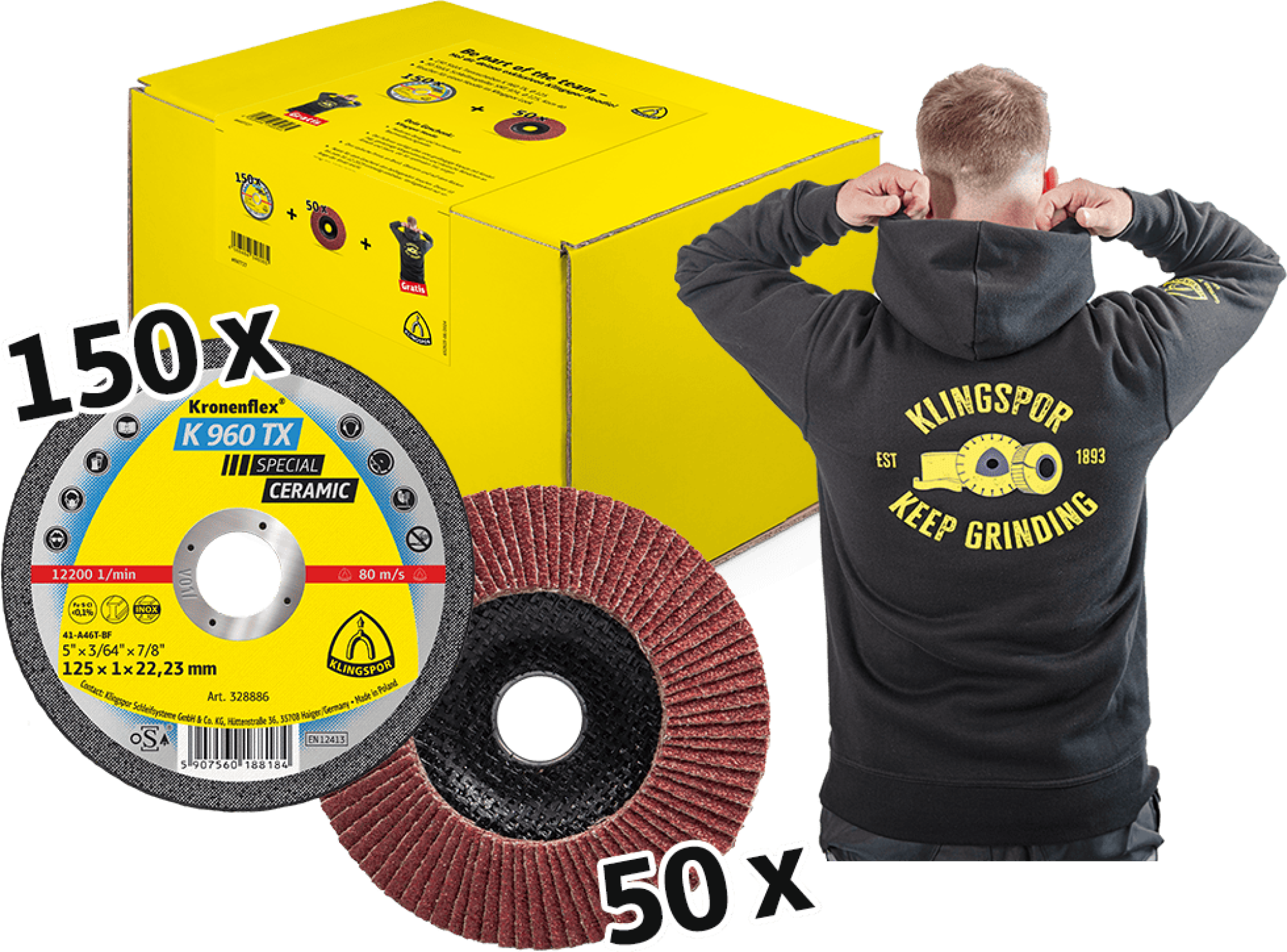 KLINGSPOR Kronenflex® Aktionspaket "Top Performer Keramik", 150x [125 mm, K 960 TX SPECIAL] & 50x [125 mm, P40, SMT 974 SPECIAL CEVOLUTION]