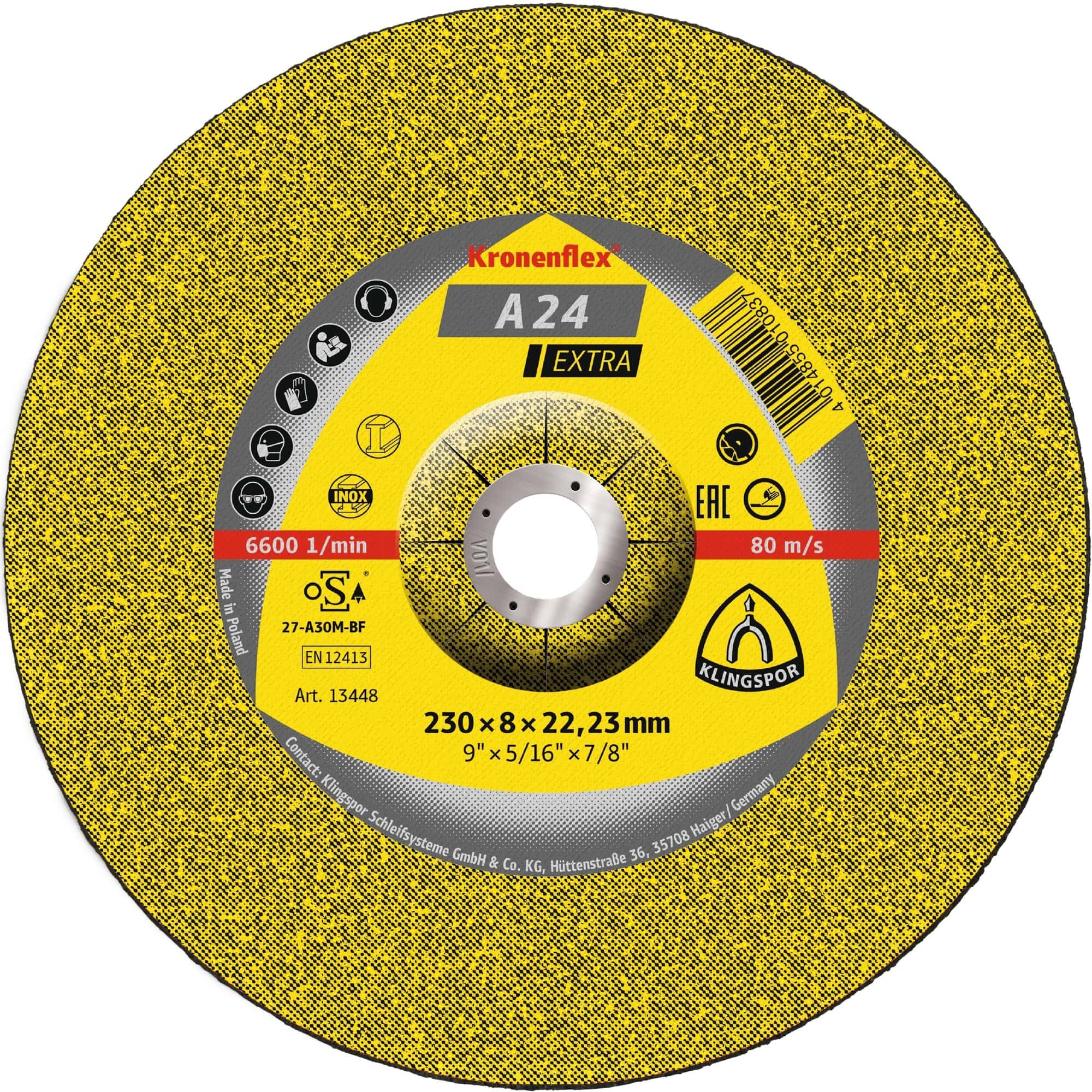KLINGSPOR Kronenflex® A 24 Extra Trennscheibe 13492, Ø 230 mm x 3 mm x 22 mm, P36, A, 6.600 U./Min., Typ 41 Gerade, Aluminiumkorn, Für Metalluniversal