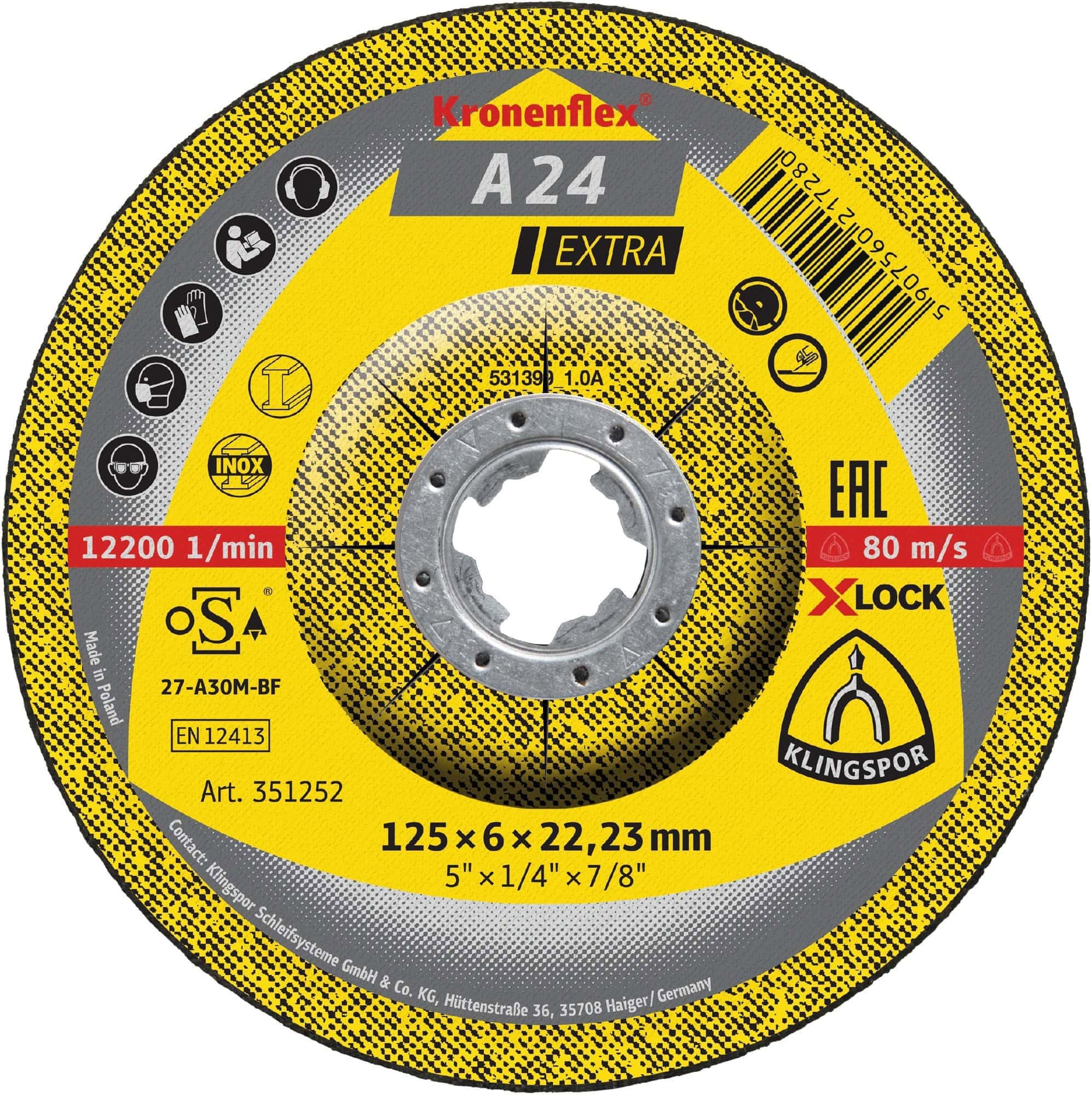 KLINGSPOR Kronenflex® A 24 Extra Trennscheibe 351255, Ø 115 mm x 2,5 mm x 22 mm, P36, A, 13.300 U./Min., X-Lock, Typ 41 Gerade, Aluminiumkorn, Für Metalluniversal