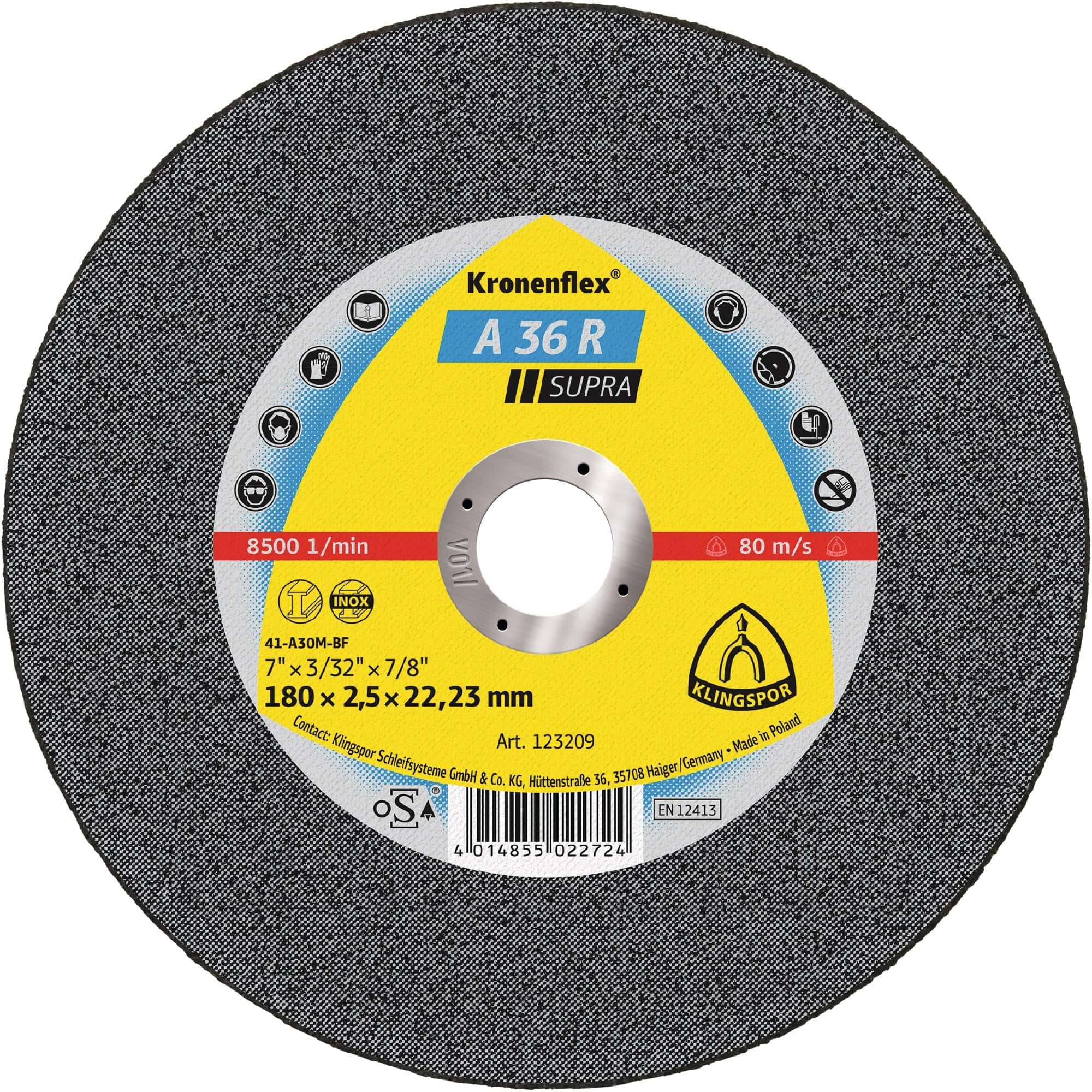 KLINGSPOR Kronenflex® A 36 R Supra Trennscheibe 123208, Ø 115 mm x 2 mm x 22 mm, P36, A, 13.300 U./Min., Typ 41 Gerade, Aluminiumkorn, Für Edelstahl