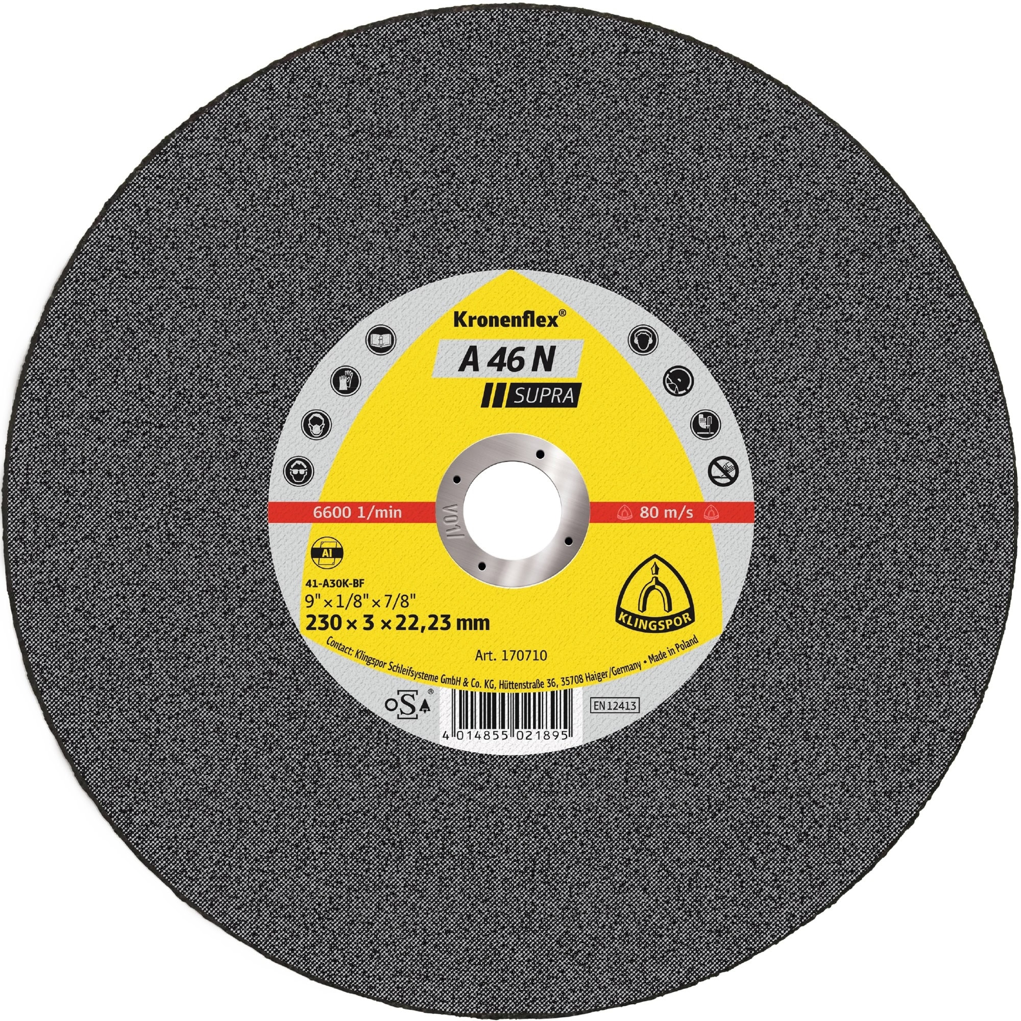 KLINGSPOR Kronenflex® A 46 N Supra Trennscheibe 170710, Ø 230 mm x 3 mm x 22 mm, P36, A, 6.600 U./Min., Typ 41 Gerade, Aluminiumkorn, Für Aluminium