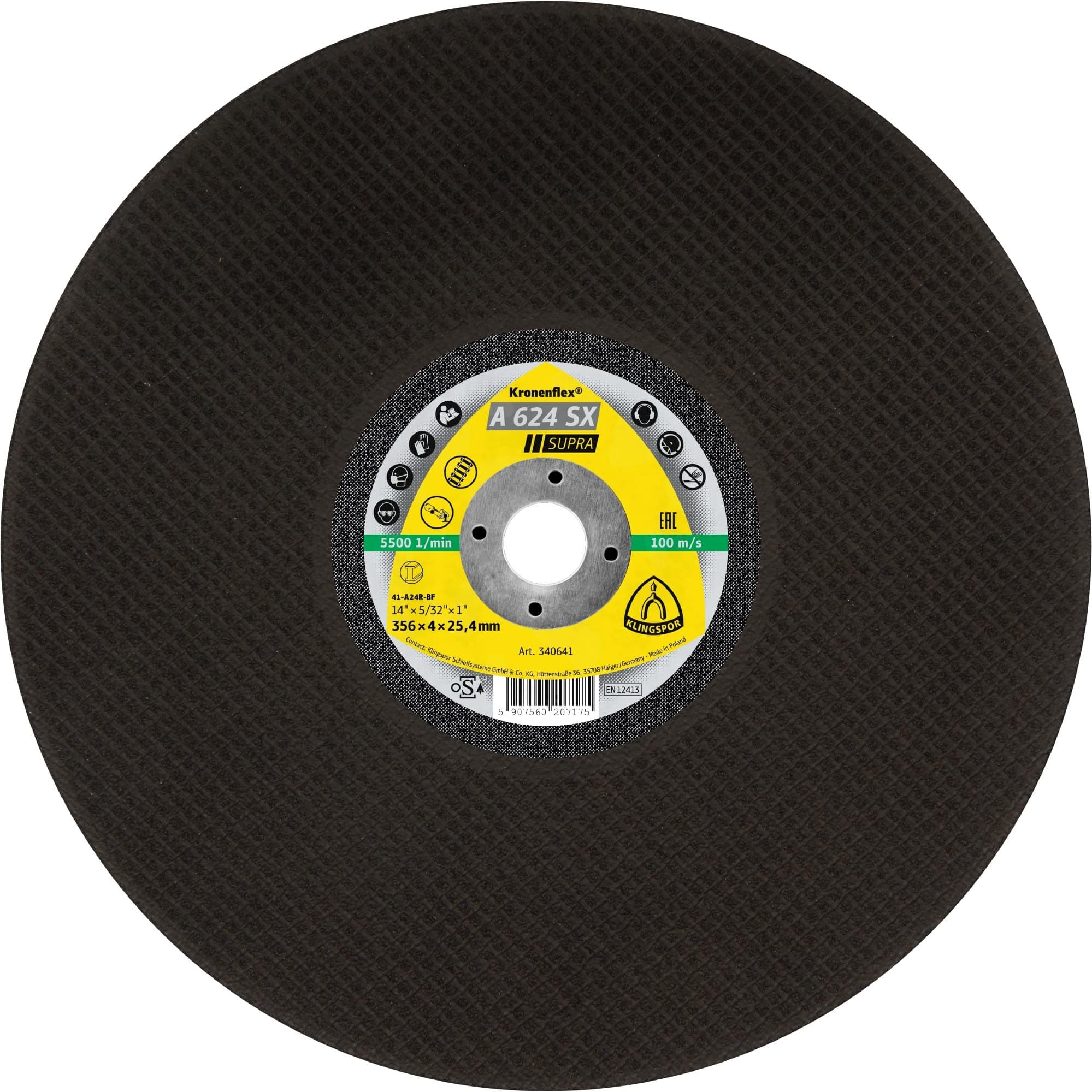 KLINGSPOR Kronenflex® A 624 SX Supra Grosstrennscheibe 351436, Ø 406 mm x 4 mm x 25 mm, P36, A, 5.500 U./Min., Typ 41 Gerade, Aluminiumkorn, Für Stahl