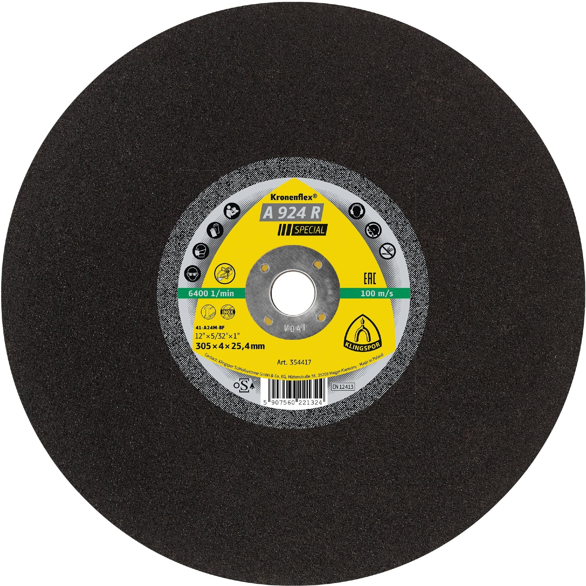 KLINGSPOR Kronenflex® A 924 R SPECIAL Trennscheibe 354419, Ø 305 mm x 4 mm x 20 mm, P36, A, 6.400 U./Min., Typ 41 Gerade, Aluminiumkorn, Für Stahl und Edelstahl