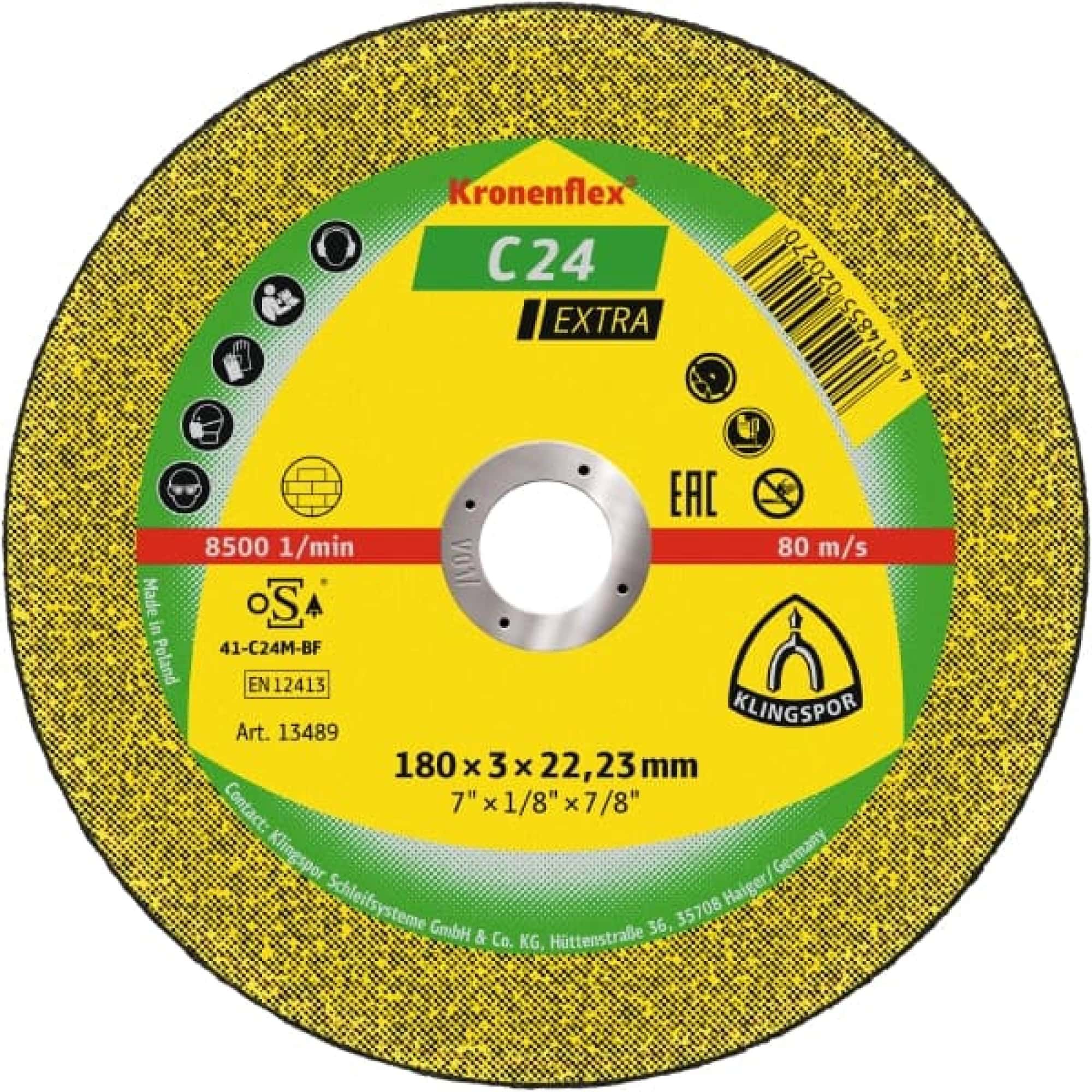 KLINGSPOR Kronenflex® C 24 Extra Trennscheibe 242144, Ø 125 mm x 2,5 mm x 22 mm, S, 12.200 U./Min., Typ 41 Gerade, Siliziumkorn, Für Stein und Beton