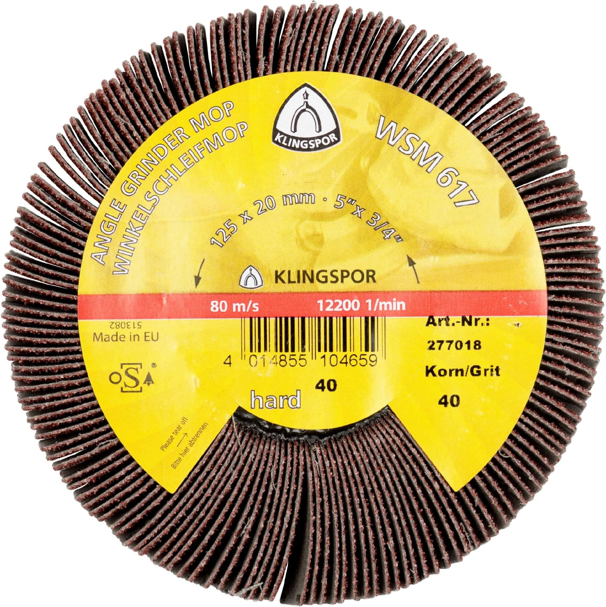 KLINGSPOR WSM 617 CS 310 XF Winkelschleifmop 277014, Ø 115 mm x 20 mm, P40, M-14 Gewinde, 13.300, A, Aluminiumkorn, Für Holz, Edelstahl und Stahl