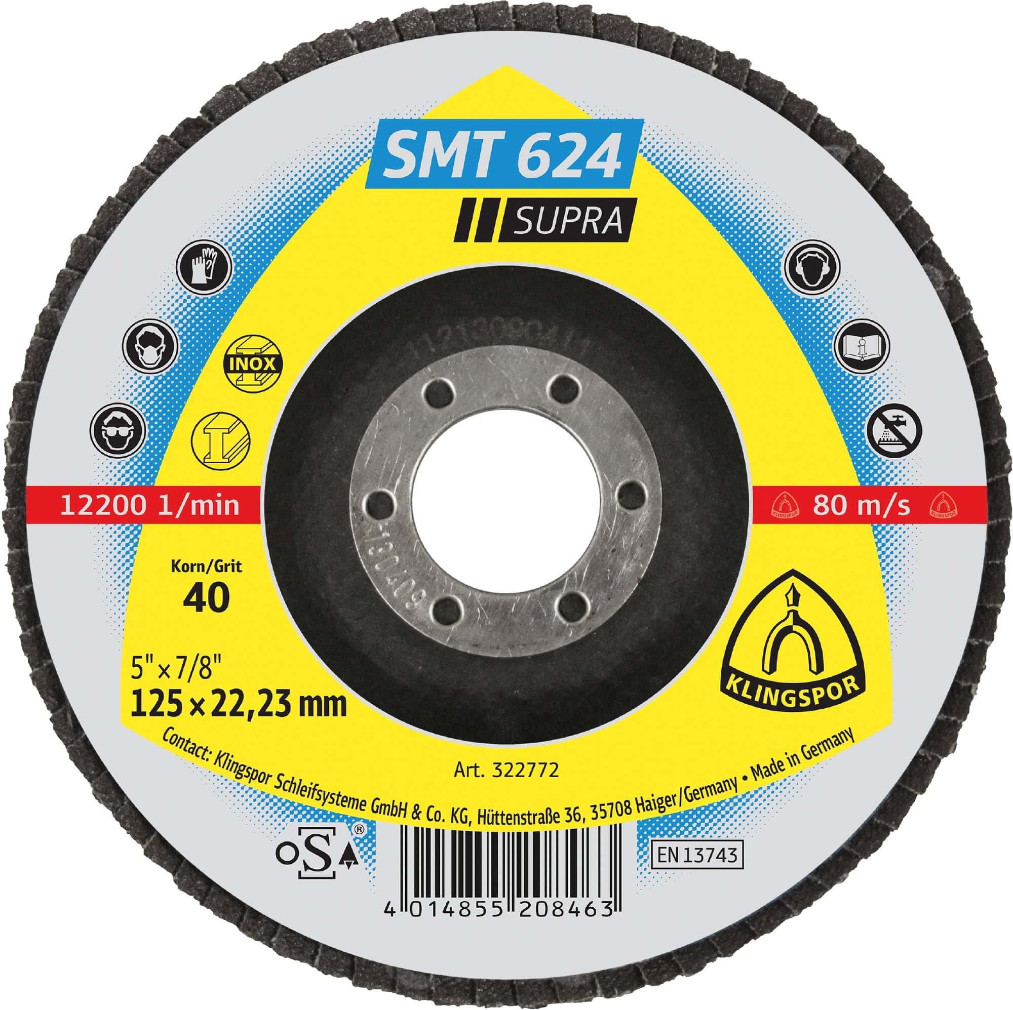 KLINGSPOR SMT 624 SUPRA Schleifmopteller 322758, Ø 100 x 16 mm, P36, Z, 15.300 U./Min., Gewölbt, Zirkonkorund, Für Edelstahl und Stahl