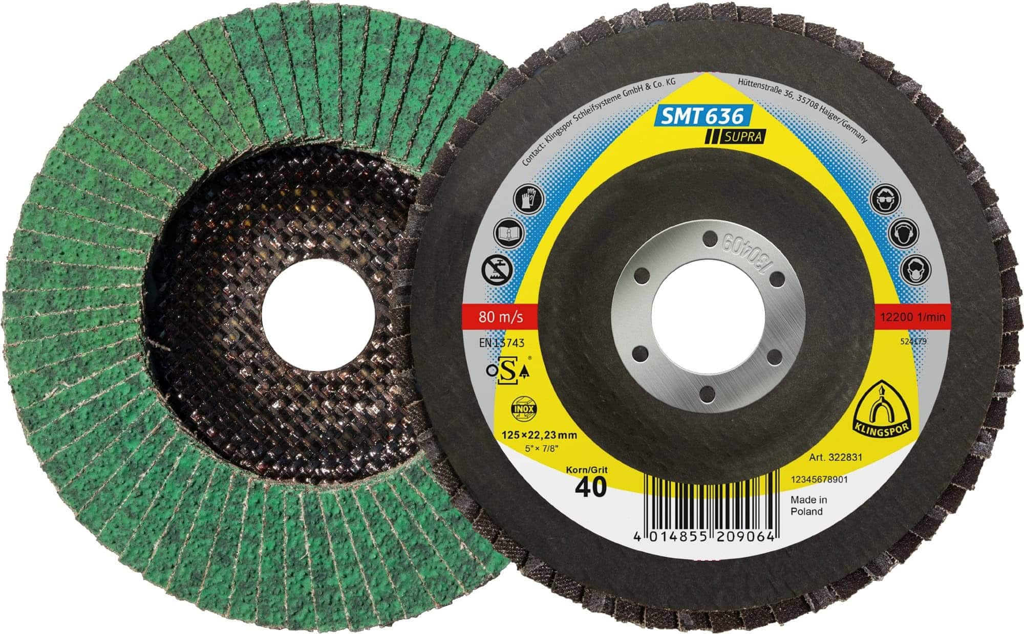 KLINGSPOR SMT 636 Supra Schleifmopteller 322833, Ø 125 x 22 mm, P80, Z, 12.200 U./Min., Gewölbt, Zirkonkorund mit Multibindung, Für Edelstahl