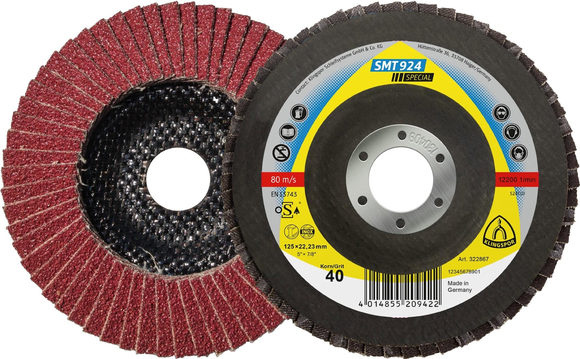 KLINGSPOR SMT 924 Special Schleifmopteller 322862, Ø 115 x 22 mm, P40, K, 13.300 U./Min., Gewölbt, Keramikkorn, Für Edelstahl und Stahl
