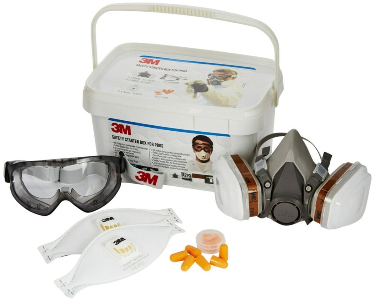 3M™ Safety Box 1000MCWE, Größe M, Atemschutz Starterset für Schleif-, Klebe- und Lackierarbeiten, 6200M, A2P2 R Filterset, FFP2 Atemschutzmaske, Bajonett-Klick Filteranschluss