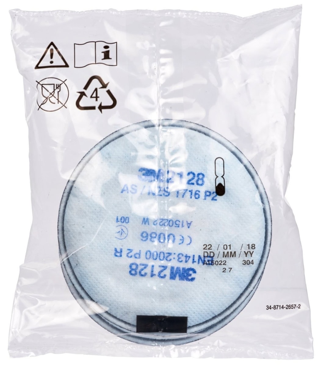 3M™ Partikelfilter 2128, P2 R, Bajonett-Klick Filteranschluss, Filter mit Aktivkohle und mit zusätzlichem Schutz gegen organische Gase & Dämpfe + HF