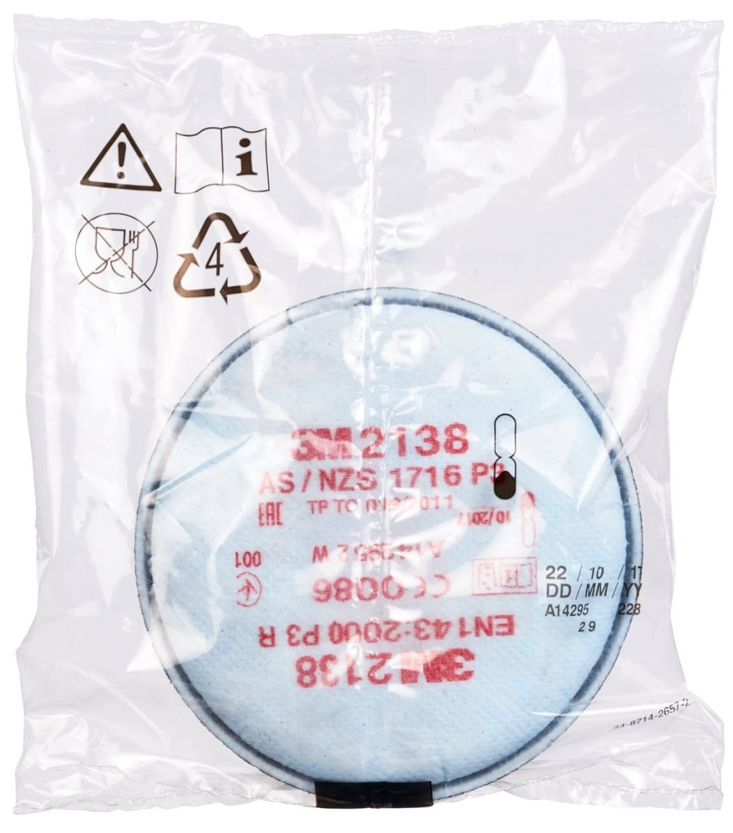 3M™ Partikelfilter 2138, P3 R, Bajonett-Klick Filteranschluss, Filter mit Aktivkohle und mit zusätzlichem Schutz gegen organische Gase & Dämpfe + HF