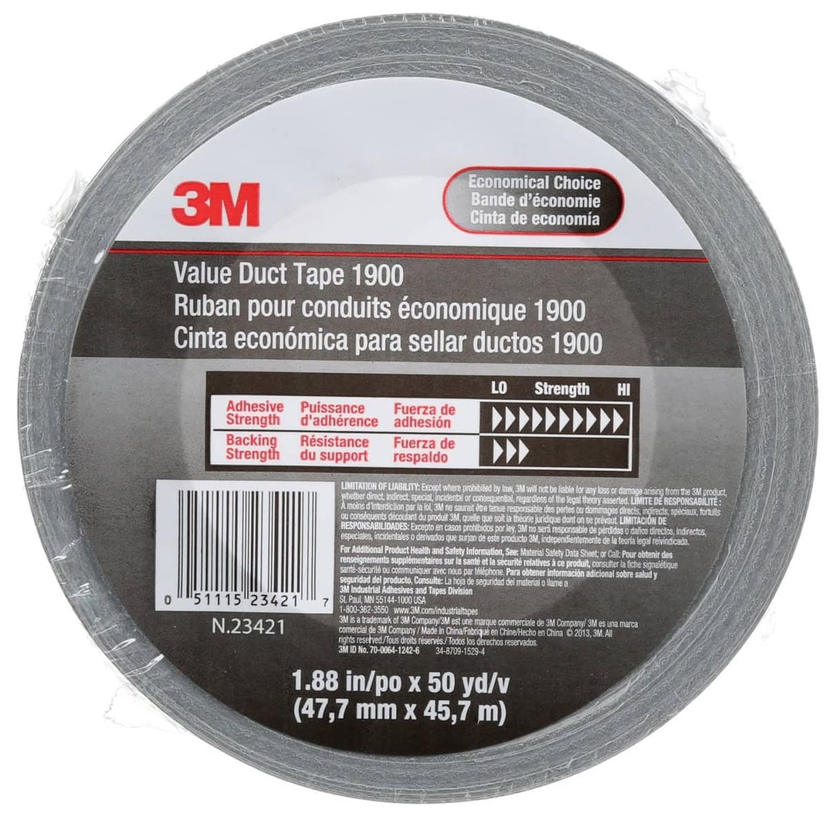 3M™ Gewebeklebeband 1900, 50 mm x 50 m, 0,17 mm, Silber, Gewebeklebeband für leichte Applikationen