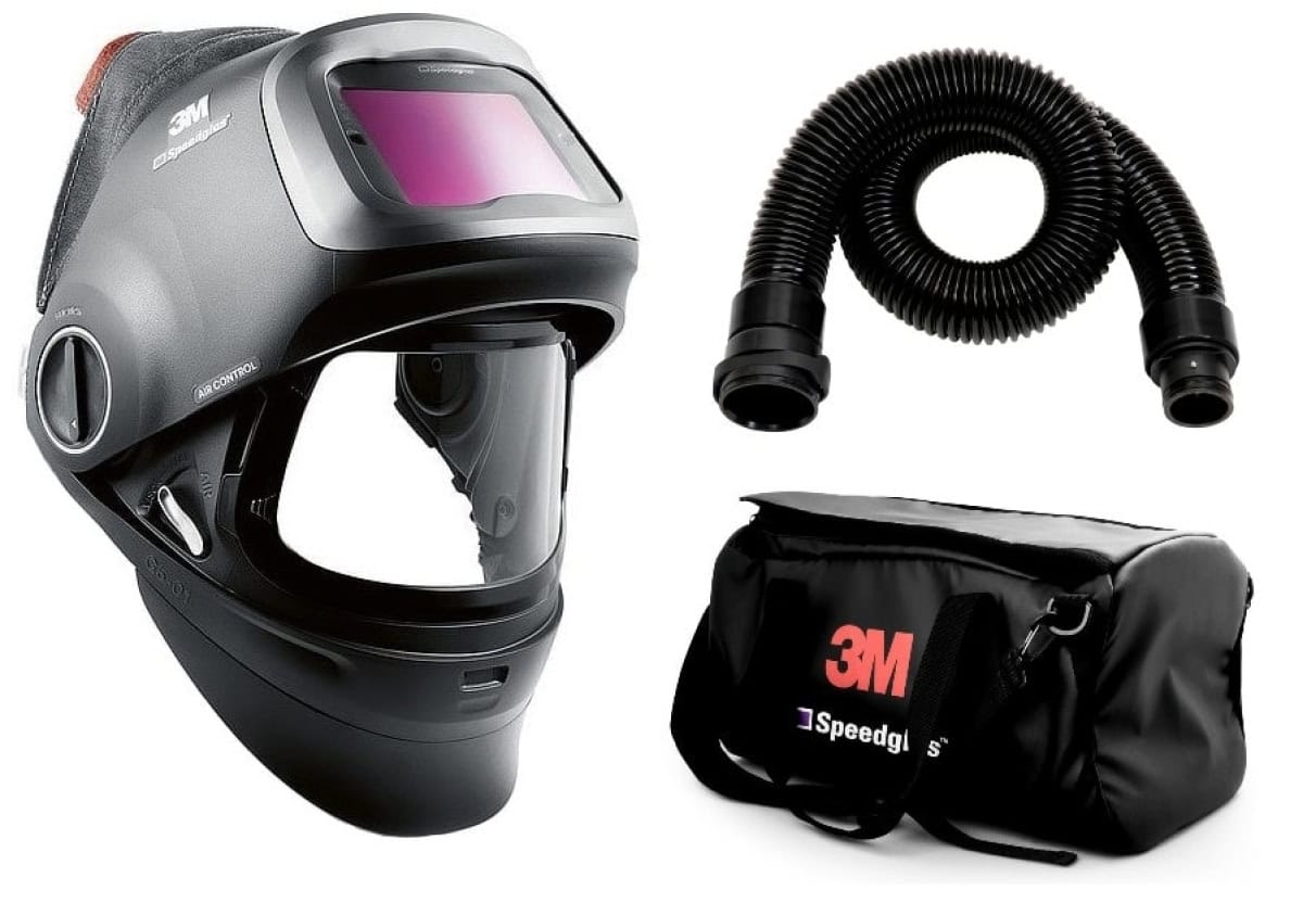 3M™ Speedglas™ Schweißmaske G5-01 mit Schweißfilter G5-01/03NC, 611111, inkl. QRS-Luftschlauch und Tasche, TH3, 4A/3B, Kopfband + Textilkopfschutz; Teile: [611100 + 630010 + 834016 + 790105]