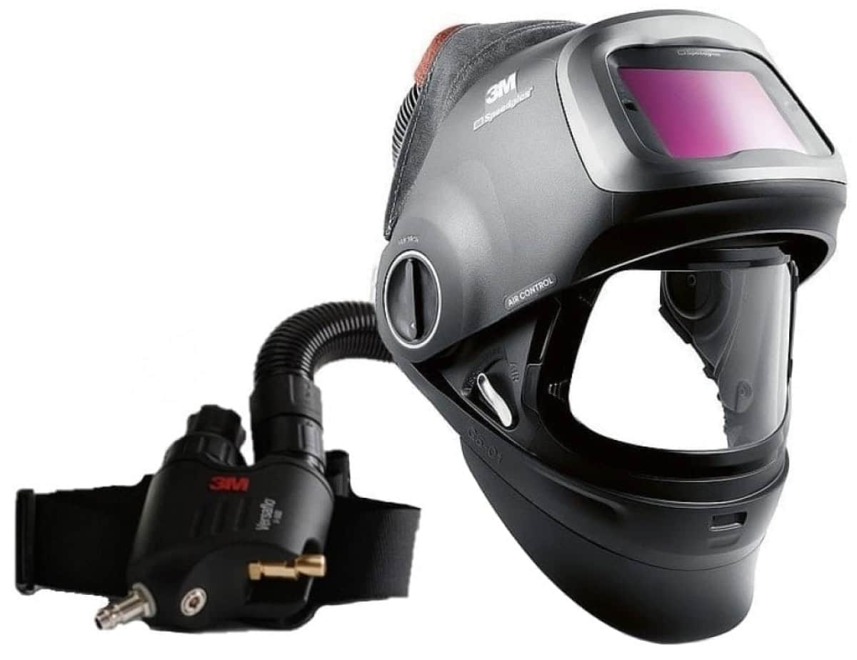 3M™ Speedglas™ Schweißmaske G5-01 mit Schweißfilter G5-01/03NC und Versaflo™ V-500E Drucklufteinheit, 618811, inkl. QRS-Luftschlauch und Tasche, TH3, 4A/3B, Kopfband + Textilkopfschutz; Teile: [611100 + 630010 + 834016 + 790105 + V500E]