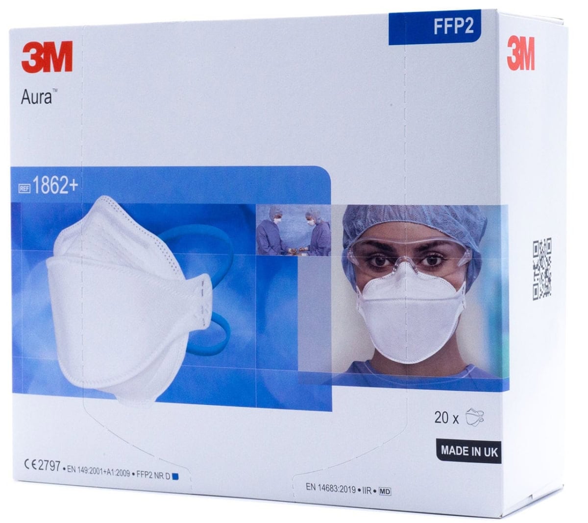 3M™ Aura™ Medizinische Atemschutzmaske 1862+, FFP2 NR D, Chirurgische Maske nach EN14683, Medizinvariante, Hygienisch einzelverpackt