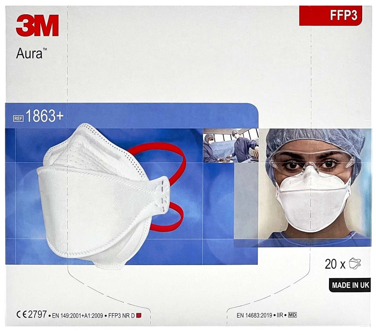 3M™ Aura™ Medizinische Atemschutzmaske 1863+, FFP3 NR D, FFP3 NR D, Chirurgische Maske nach EN14683, Medizinvariante, Hygienisch einzelverpackt