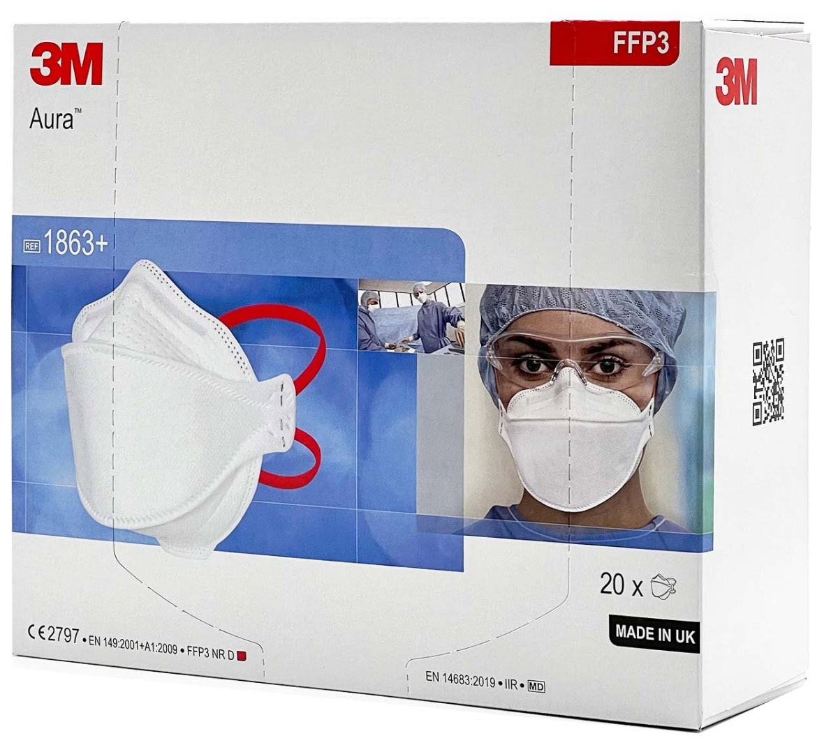 3M™ Aura™ Medizinische Atemschutzmaske 1863+, FFP3 NR D, FFP3 NR D, Chirurgische Maske nach EN14683, Medizinvariante, Hygienisch einzelverpackt