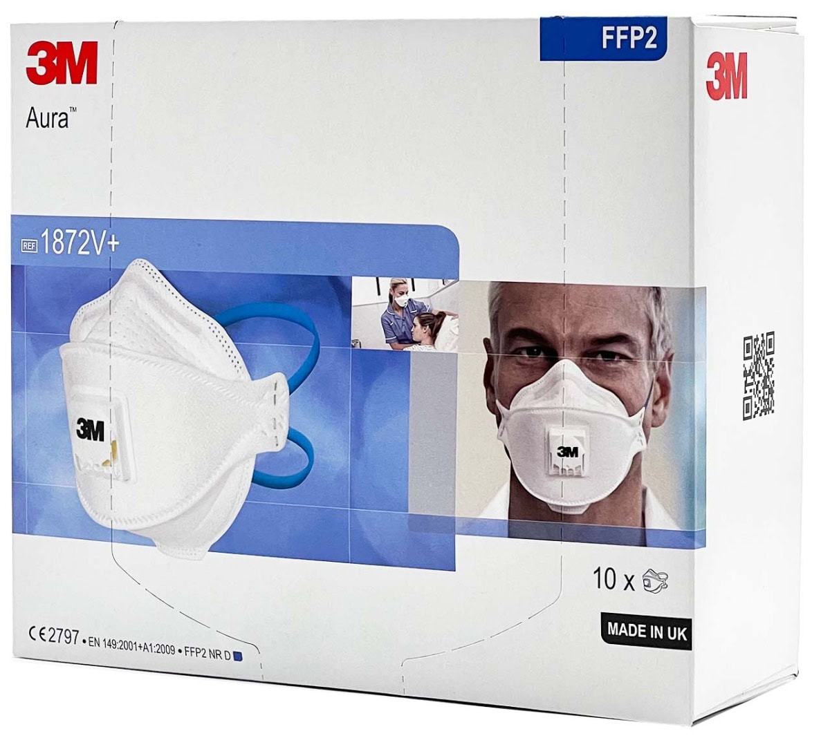 3M™ Aura™ Medizinische Atemschutzmaske 1872V+ FFP2 NR D mit Cool-Flow Ausatmenventil, Chirurgische Maske nach EN14683, Medizinvariante, Hygienisch einzelverpackt