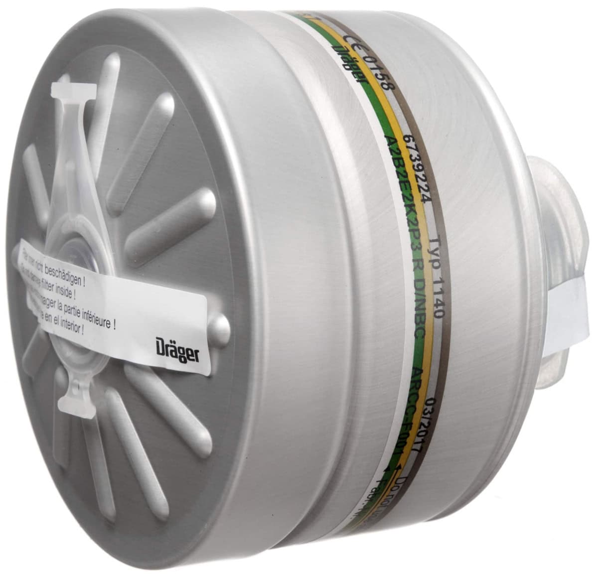 Dräger® X-plore® RD40 Zivilschutz Kombi Filter 1140, 6739224, A2B2E2K2 REAKTOR P3 R D NBC, Silber, 40 mm Rundfilteranschluss [NATO Standard], Kombinationsfilter für den Zivilschutz zum Schutz vor nuklearen, biologischen und chemischen Gefahren + Partikel