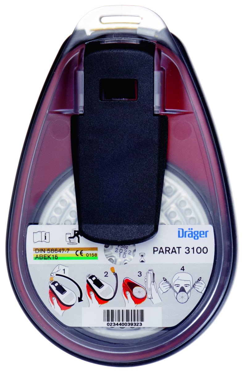 Dräger® PARAT® 3100 Flucht Gasmaske / Halbmaske 3704476, ABEK15 Filter für mind. 15 Min. Schutz, Filter uneingeschweißt, Universalgröße, Fluchtmaske zum Schutz gegen organische, anorganische, saure Gase & Dämpfe, Ammoniak & org. Ammoniakderivate