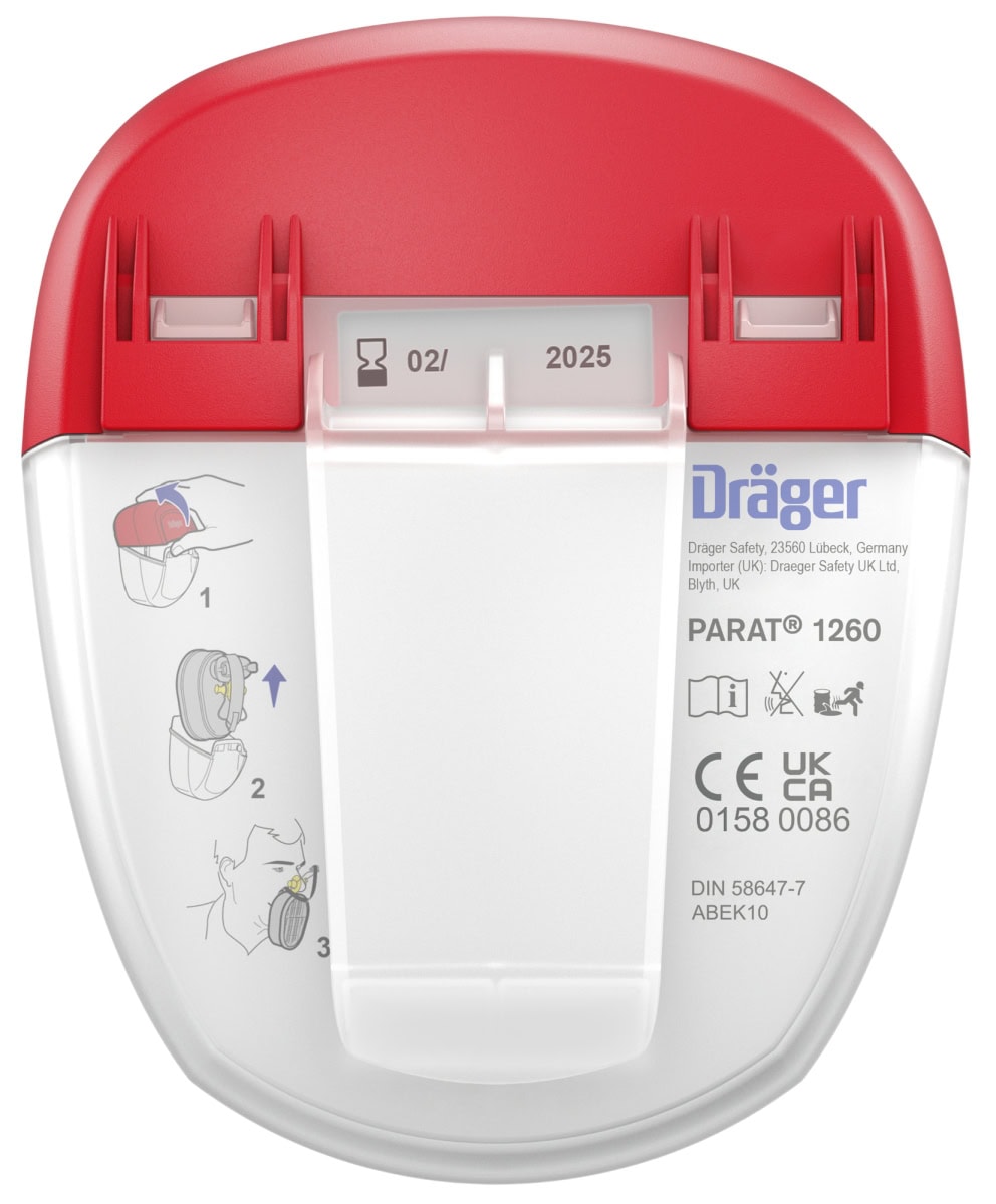 Dräger® PARAT® 1260 Flucht Filtergerät 3702150, ABEK10 Filter für mind. 10 Min. Schutz, Filter eingeschweißt, Universalgröße, Flucht Filtergerät zum Schutz gegen organische, anorganische, saure Gase & Dämpfe, Ammoniak & org. Ammoniakderivate