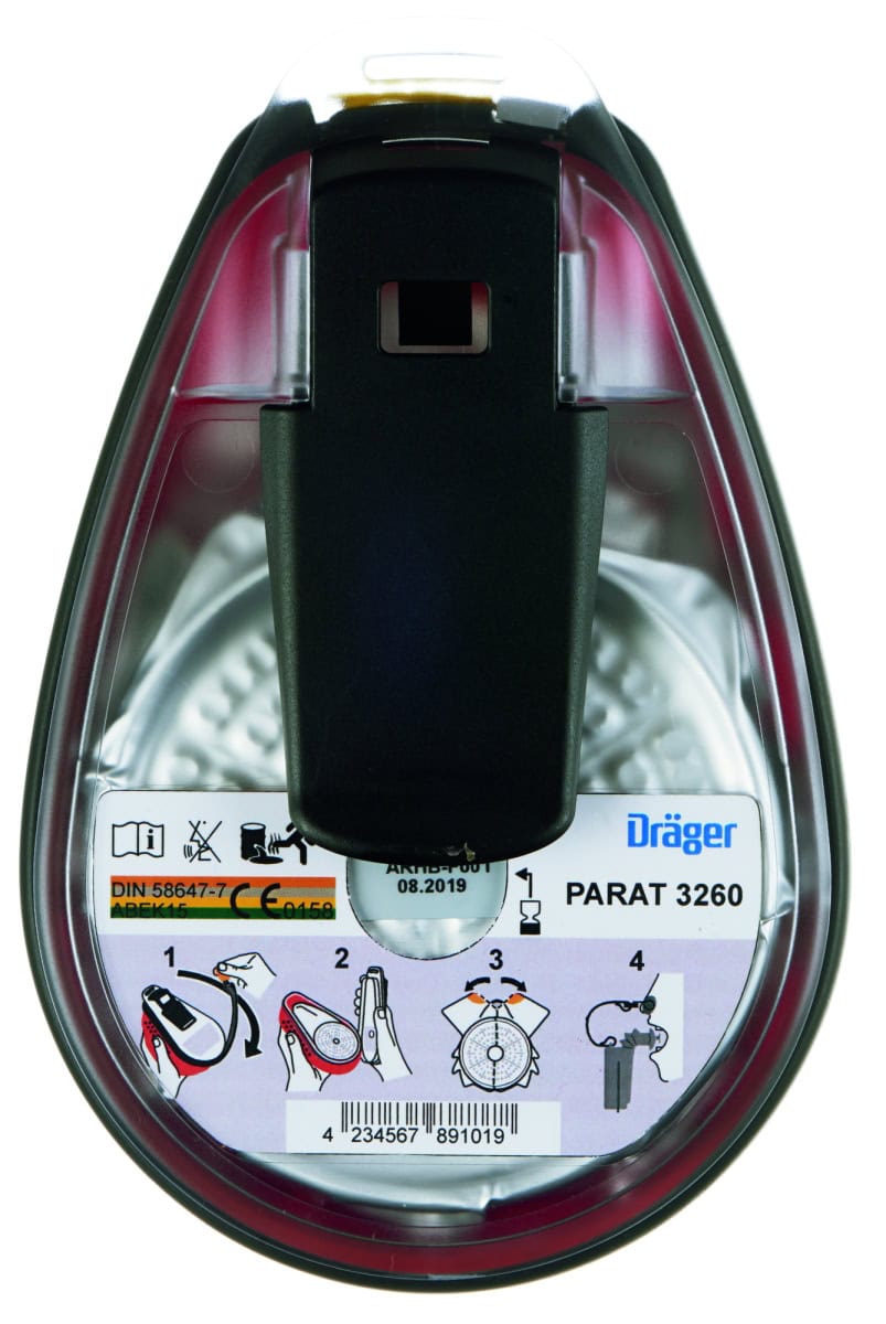 Dräger® PARAT® 3260 Flucht Filtergerät 3704479, ABEK15 Filter für mind. 15 Min. Schutz, Filter eingeschweißt, Universalgröße, Flucht Filtergerät zum Schutz gegen organische, anorganische, saure Gase & Dämpfe, Ammoniak & org. Ammoniakderivate