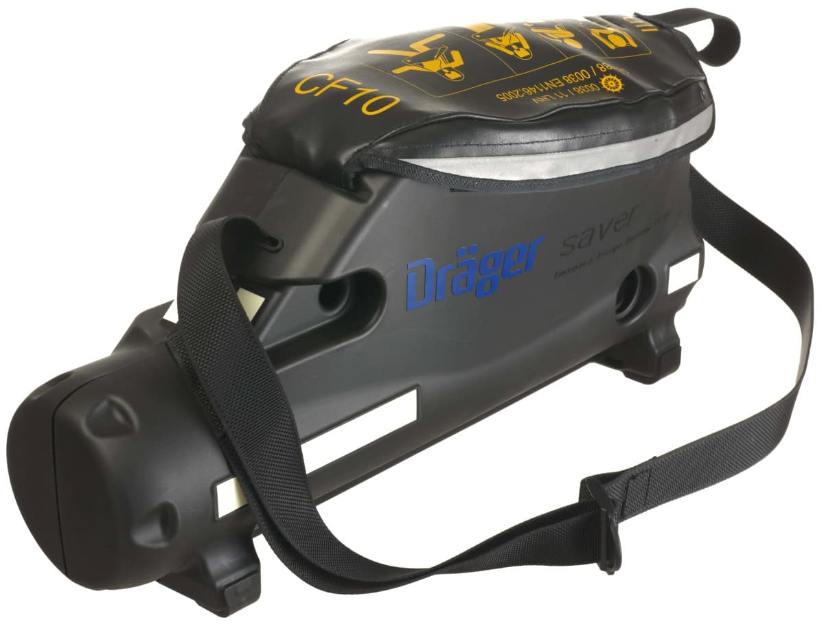 Dräger® Saver CF10 Druckluft Fluchtgerät 3359739, Haube, 10 Minuten Betriebszeit, 2 Liter (Alu, 200 bar), Anti Statischer (ESD) & wasserdichter Hartschalen Koffer in Schwarz, Für die Flucht aus Gefahrenbereichen