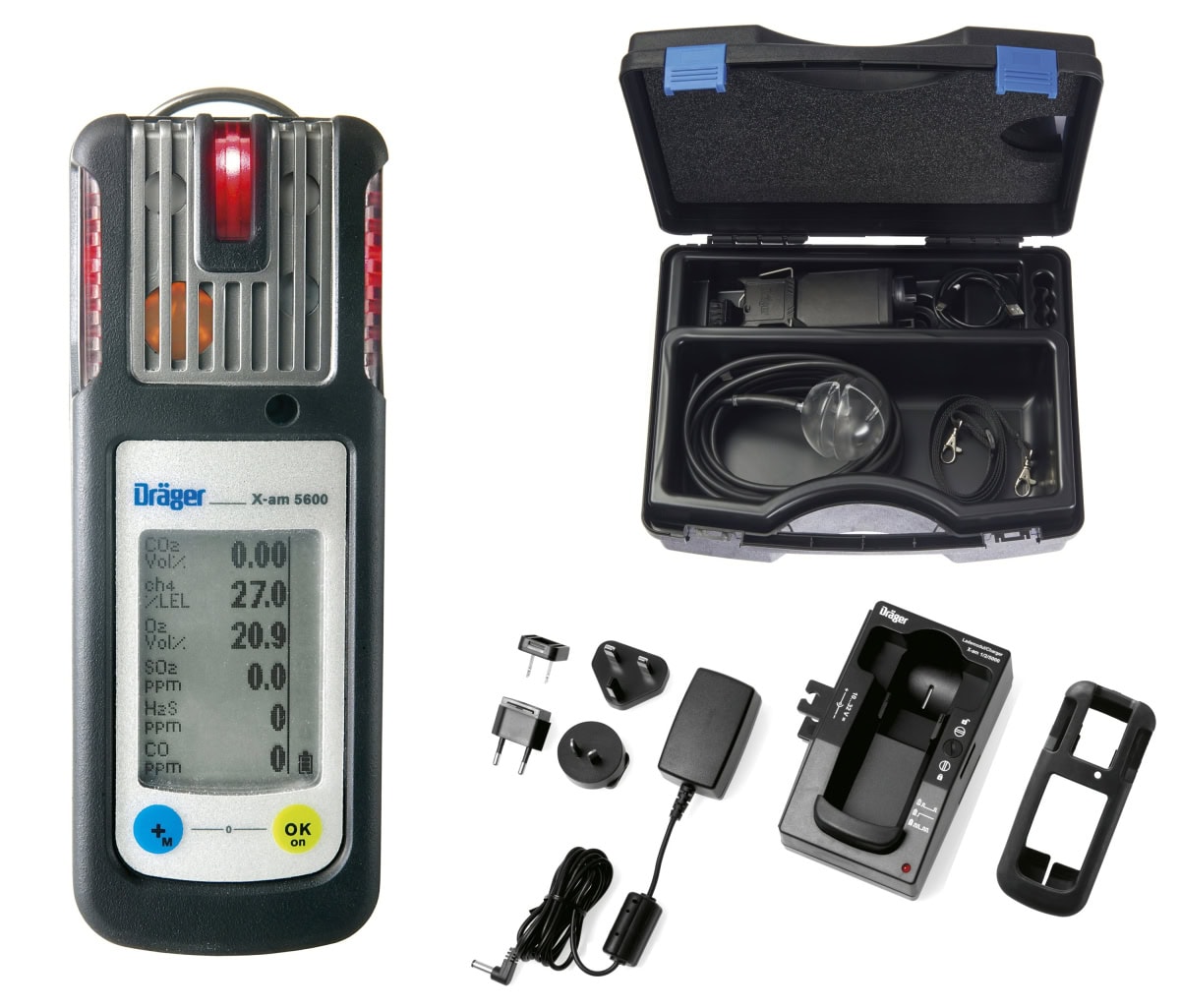 Dräger® X-am® 5600 Mehrgasmessgerät Freimessung Set 8326581, Sensoren: IR EX/CO2, O2, H2S/CO, inkl. Ladestation und Pumpen Koffer mit Zubehör, IP 67 Wasserdicht, Ideal für Kanalarbeiten