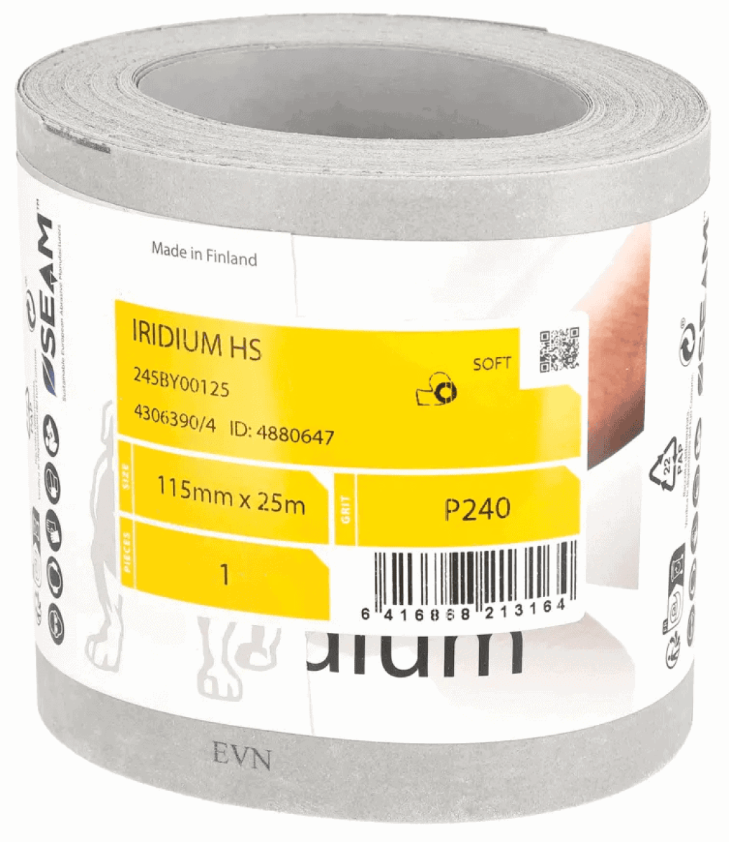 Mirka® Iridium® HS Schleifrolle 245BY00132, 115 mm x 25 m, P320, Ohne Haftung, Mit Keramik- und Aluminiumkorn