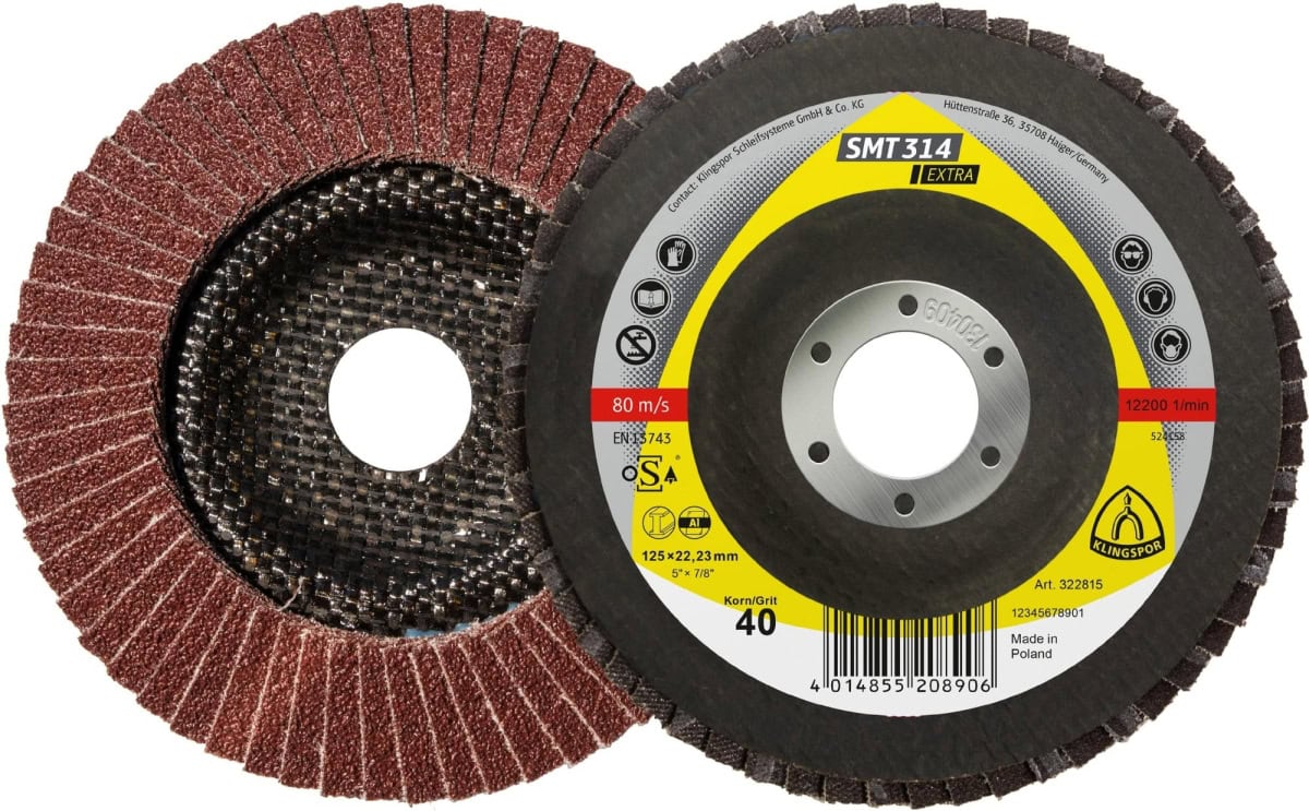 KLINGSPOR SMT 314 EXTRA Schleifmopteller 322818, Ø 125 x 22 mm, P80, A, 12.200 U./Min., Gewölbt, Aluminiumkorn, Für NE-Metalle und Stahl