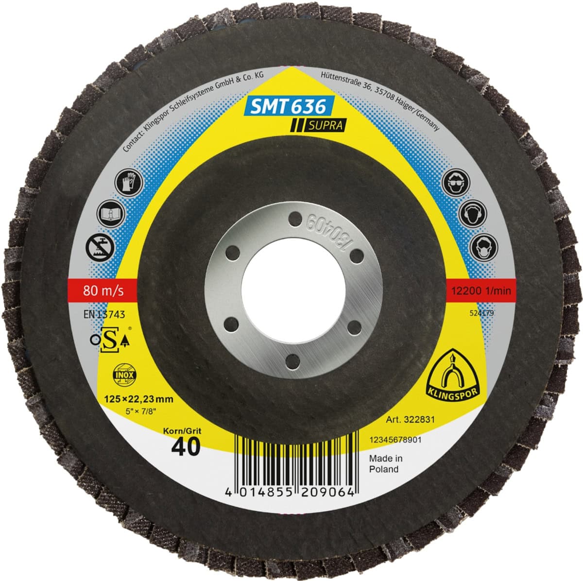 KLINGSPOR SMT 636 Supra Schleifmopteller 322831, Ø 125 x 22 mm, P40, Z, 12.200 U./Min., Gewölbt, Zirkonkorund mit Multibindung, Für Edelstahl