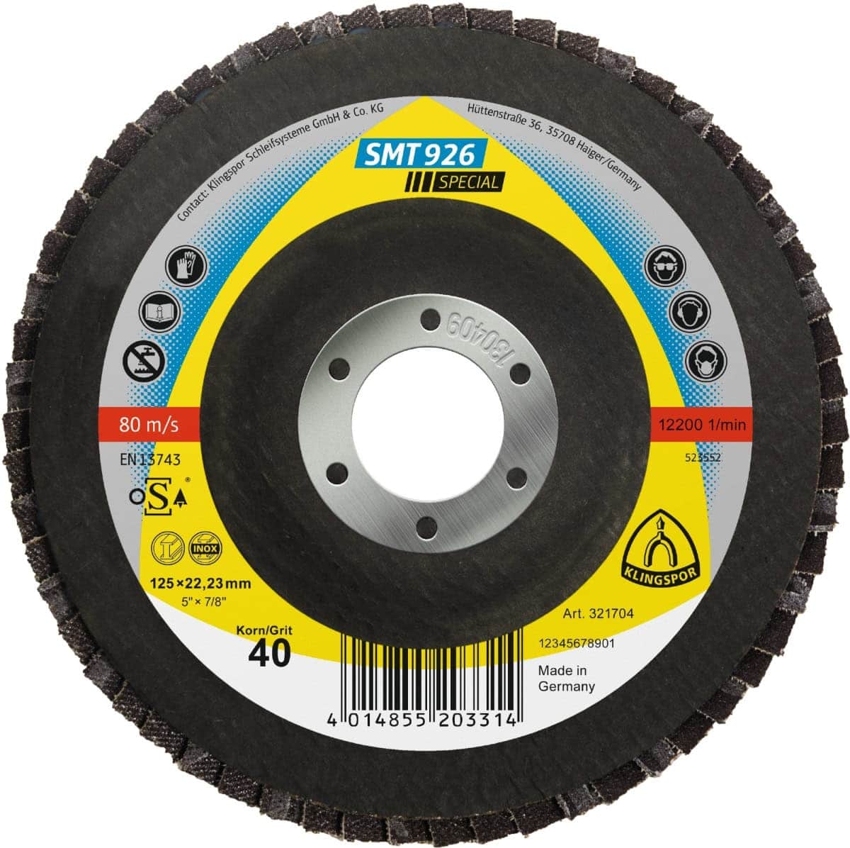 KLINGSPOR SMT 926 Special Schleifmopteller 321705, Ø 180 mm x 22 mm, P40, Z, 8.500 U./Min., Gewölbt, Zirkonkorund, Für Edelstahl und Stahl