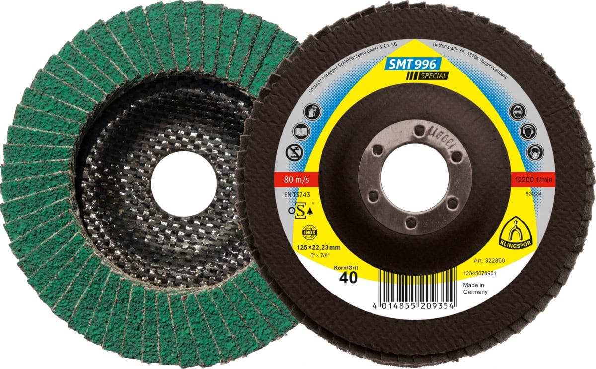 KLINGSPOR SMT 996 Special Schleifmopteller 322849, Ø 115 mm x 22 mm, P40, K, 13.300 U./Min., Gewölbt, Keramikkorn mit Multibindung, Für Edelstahl