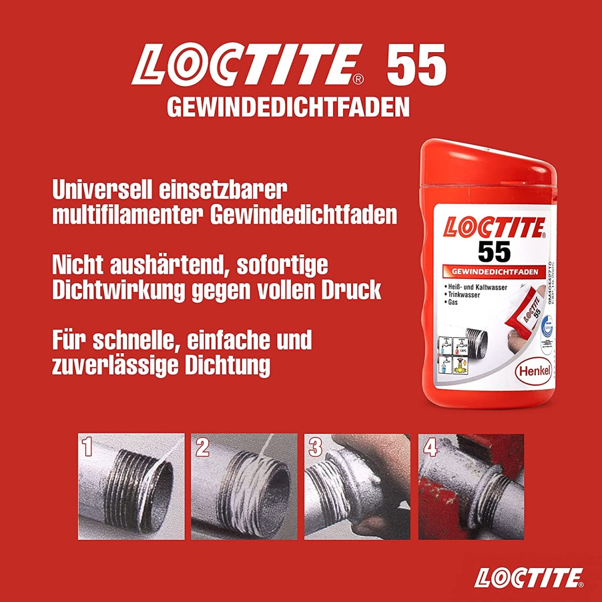 Henkel™ Loctite® Gewindedichtfaden 55, 160 m, Hochfest, Weiß, 2056936 Für Gas, Heizung & Trinkwasser geeignet