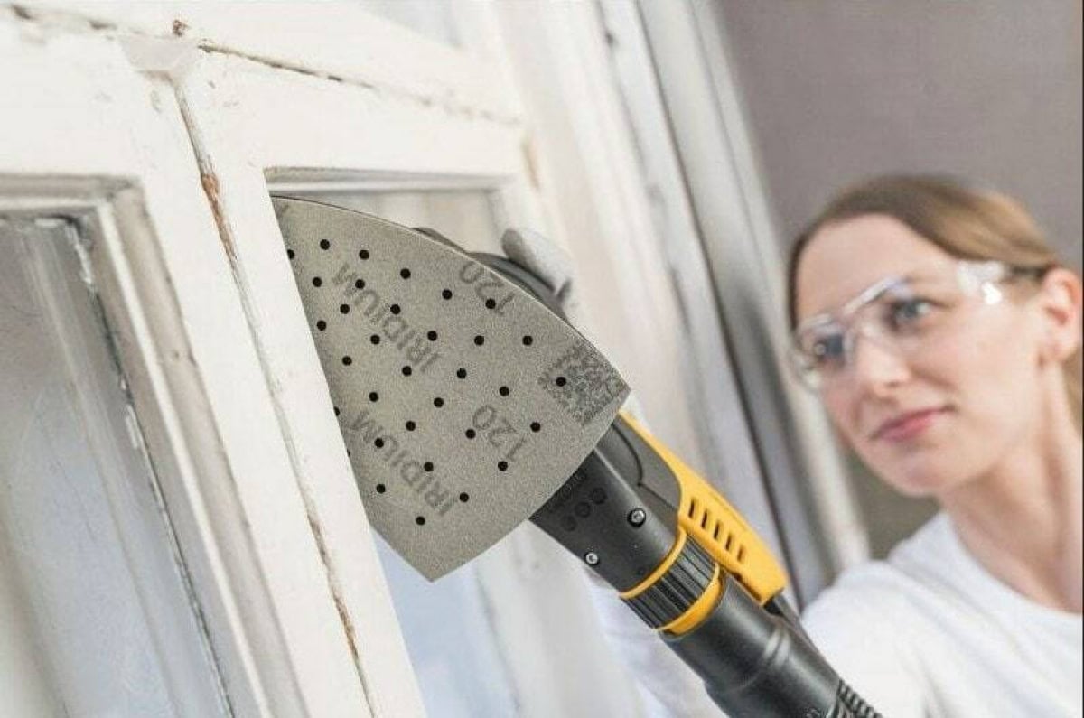 Mirka® Iridium® 246JQ05015, Ø 100 mm x 152 mm x 152 mm, P150, Multilochung, Kletthaftend, Delta Schleifscheibe mit Keramik- und Aluminiumkorn