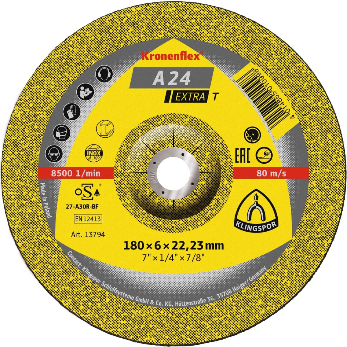 KLINGSPOR Kronenflex® A 24 Extra Trennscheibe 13490, Ø 180 mm x 3 mm x 22 mm, P36, A, 8.500 U./Min., Typ 27 Gekröpft, Aluminiumkorn, Für Metalluniversal