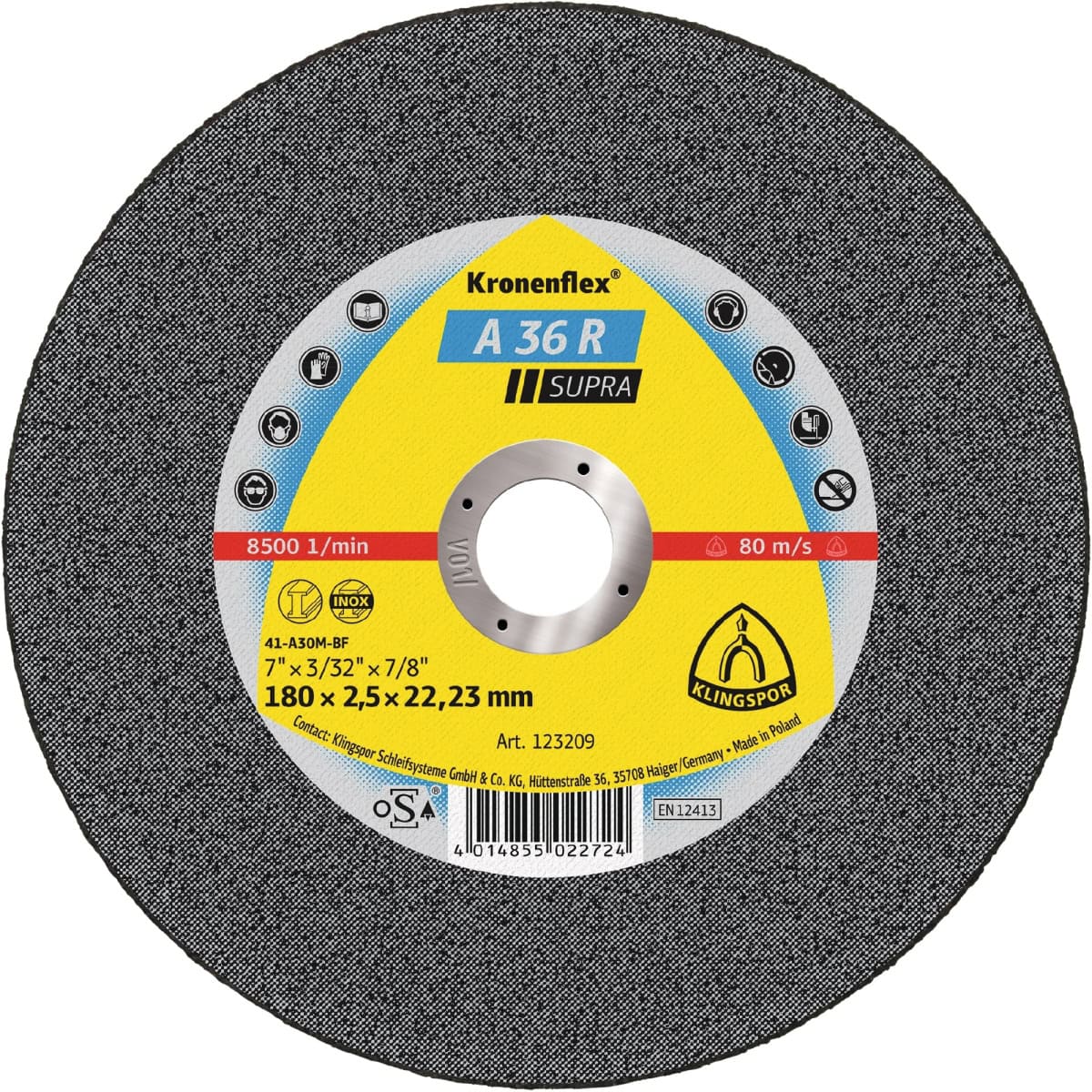 KLINGSPOR Kronenflex® A 36 R Supra Trennscheibe 123208, Ø 115 mm x 2 mm x 22 mm, P36, A, 13.300 U./Min., Typ 41 Gerade, Aluminiumkorn, Für Edelstahl