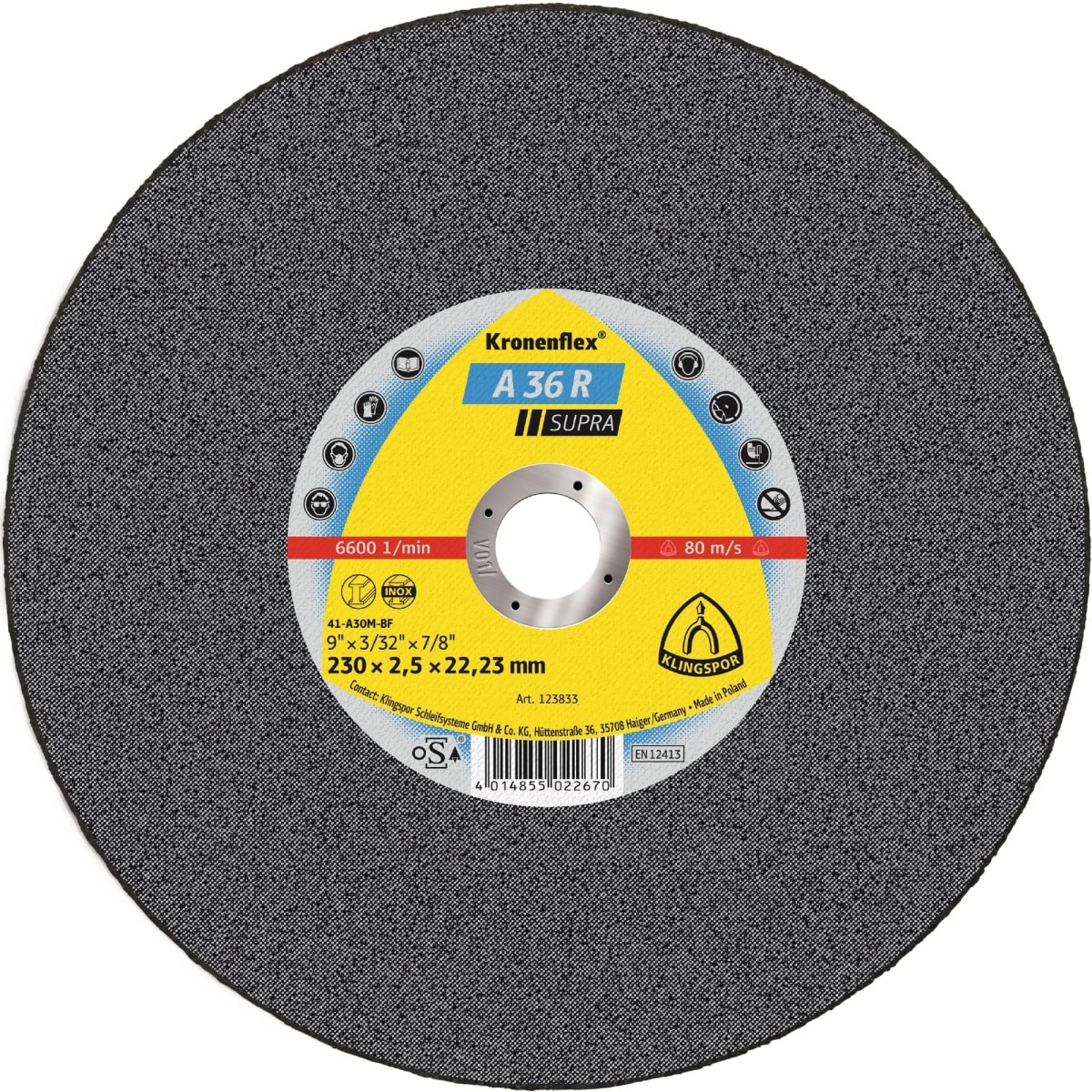 KLINGSPOR Kronenflex® A 36 R Supra Trennscheibe 123833, Ø 230 mm x 2,5 mm x 22 mm, P36, A, 6.600 U./Min., Typ 41 Gerade, Aluminiumkorn, Für Edelstahl