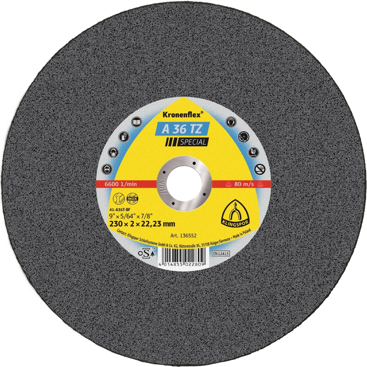 KLINGSPOR Kronenflex® A 36 TZ Special Trennscheibe 136550, Ø 230 mm x 2 mm x 22 mm, P36, A, 6.260 U./Min., Typ 41 Gerade, Aluminiumkorn, Für Stahl und Edelstahl