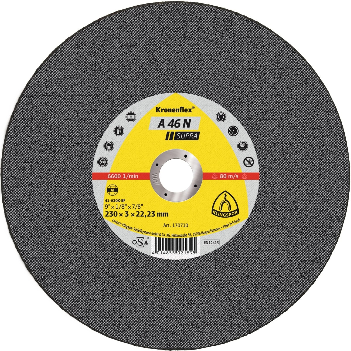 KLINGSPOR Kronenflex® A 46 N Supra Trennscheibe 170710, Ø 230 mm x 3 mm x 22 mm, P36, A, 6.600 U./Min., Typ 41 Gerade, Aluminiumkorn, Für Aluminium