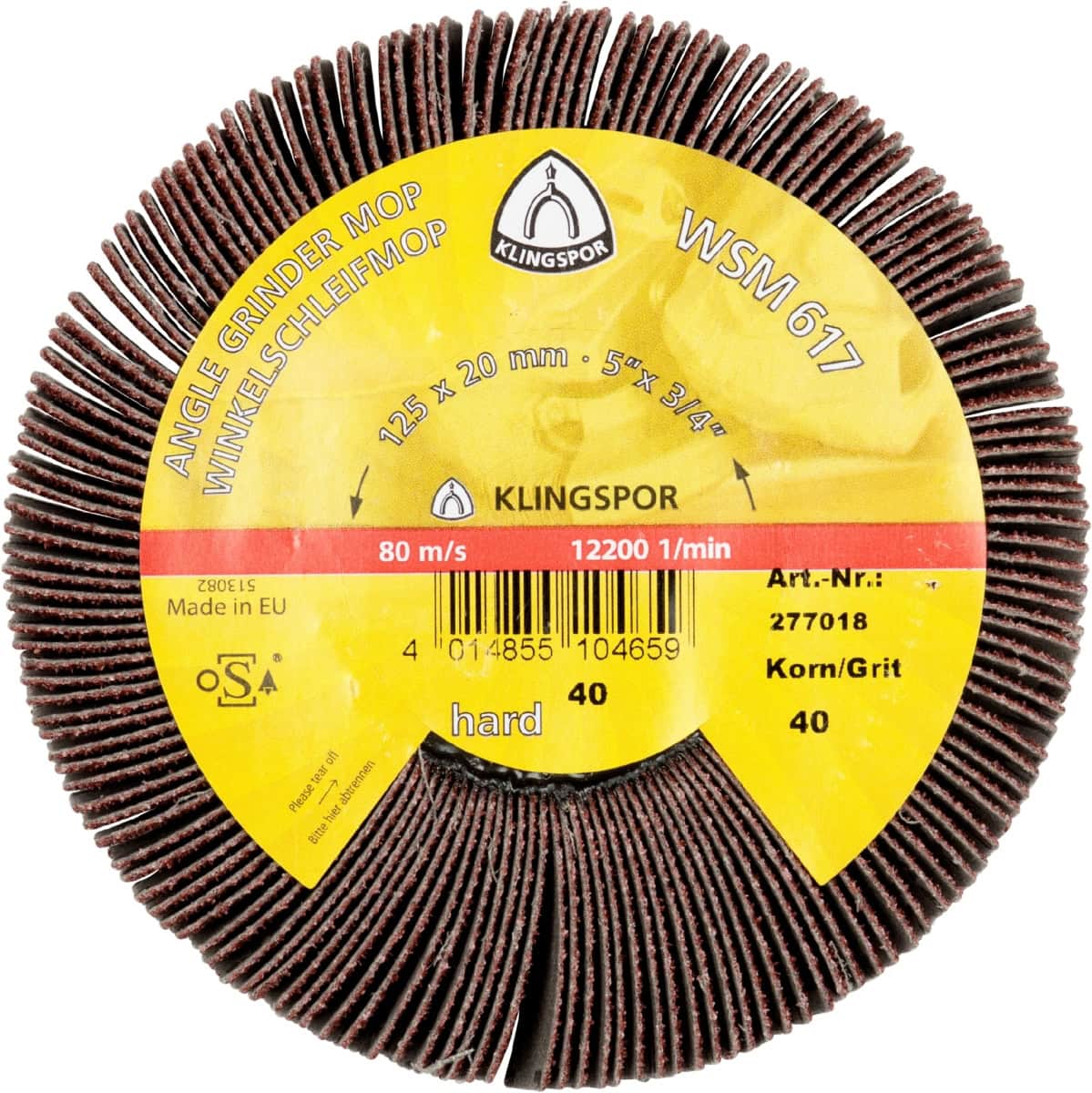 KLINGSPOR WSM 617 LS 309 X Winkelschleifmop 277016, Ø 115 mm x 20 mm, P80, M-14 Gewinde, 13.300 U./Min., A, Aluminiumkorn, Für Holz, Edelstahl und Stahl