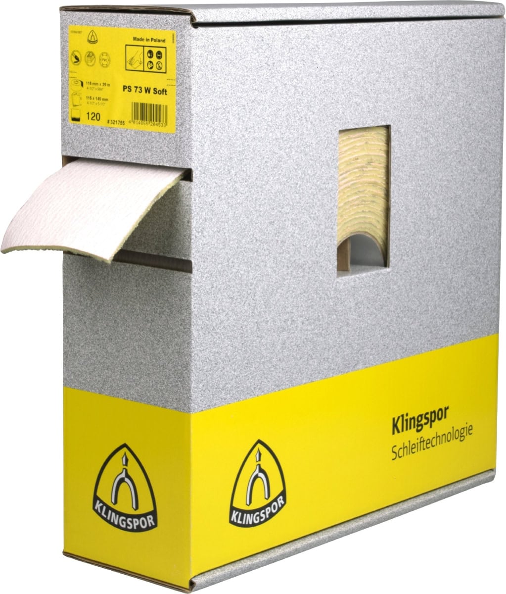 KLINGSPOR PS 73 BWF Hand Schleifpads 321758, 115 mm x 140 mm, P320, A, Weich, Ungelocht, Ohne Haftung, 180 Stück auf der Rolle, Aluminiumkorn, Für Farbe, Lack und Kunststoff