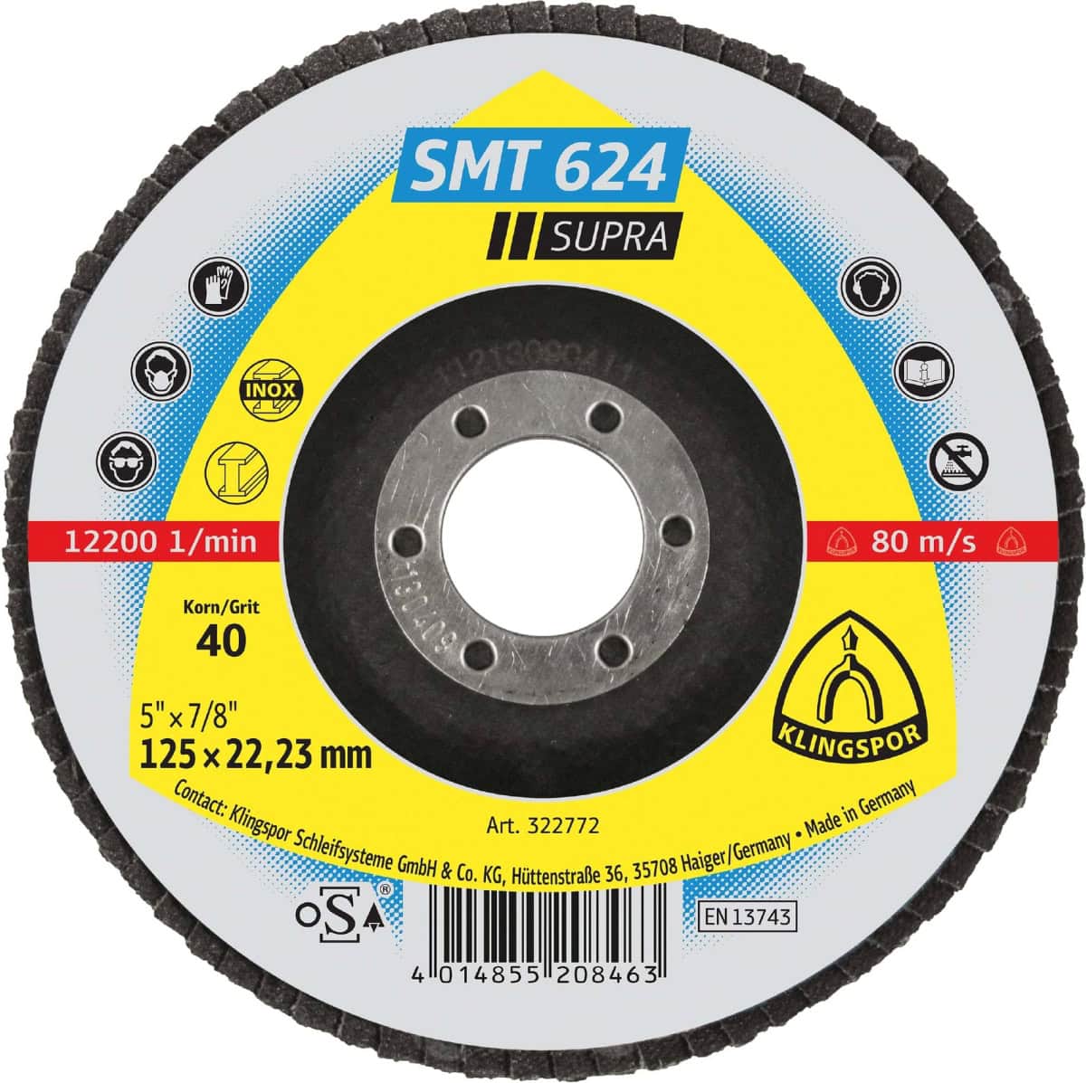 KLINGSPOR SMT 624 SUPRA Schleifmopteller 322764, Ø 115 x 22 mm, P36, Z, 13.300 U./Min., Gewölbt, Zirkonkorund, Für Edelstahl und Stahl