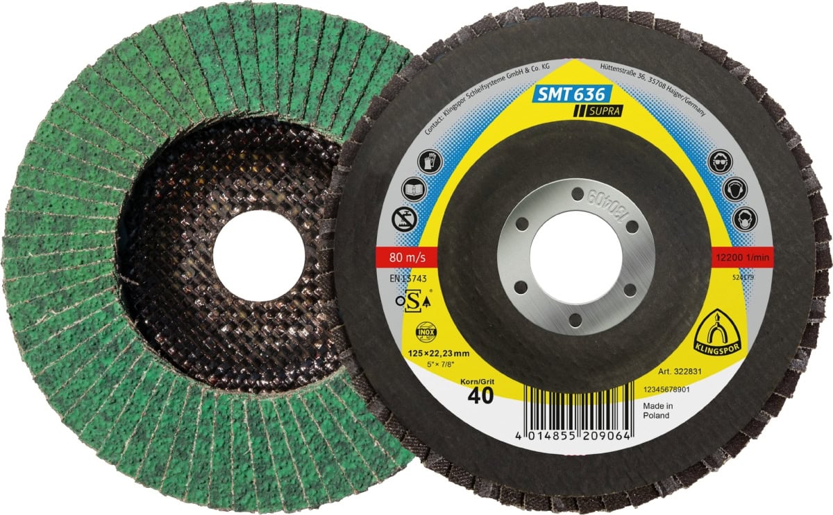 KLINGSPOR SMT 636 Supra Schleifmopteller 322831, Ø 125 x 22 mm, P40, Z, 12.200 U./Min., Gewölbt, Zirkonkorund mit Multibindung, Für Edelstahl