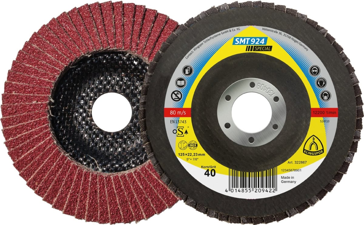 KLINGSPOR SMT 924 Special Schleifmopteller 322862, Ø 115 x 22 mm, P40, K, 13.300 U./Min., Gewölbt, Keramikkorn, Für Edelstahl und Stahl