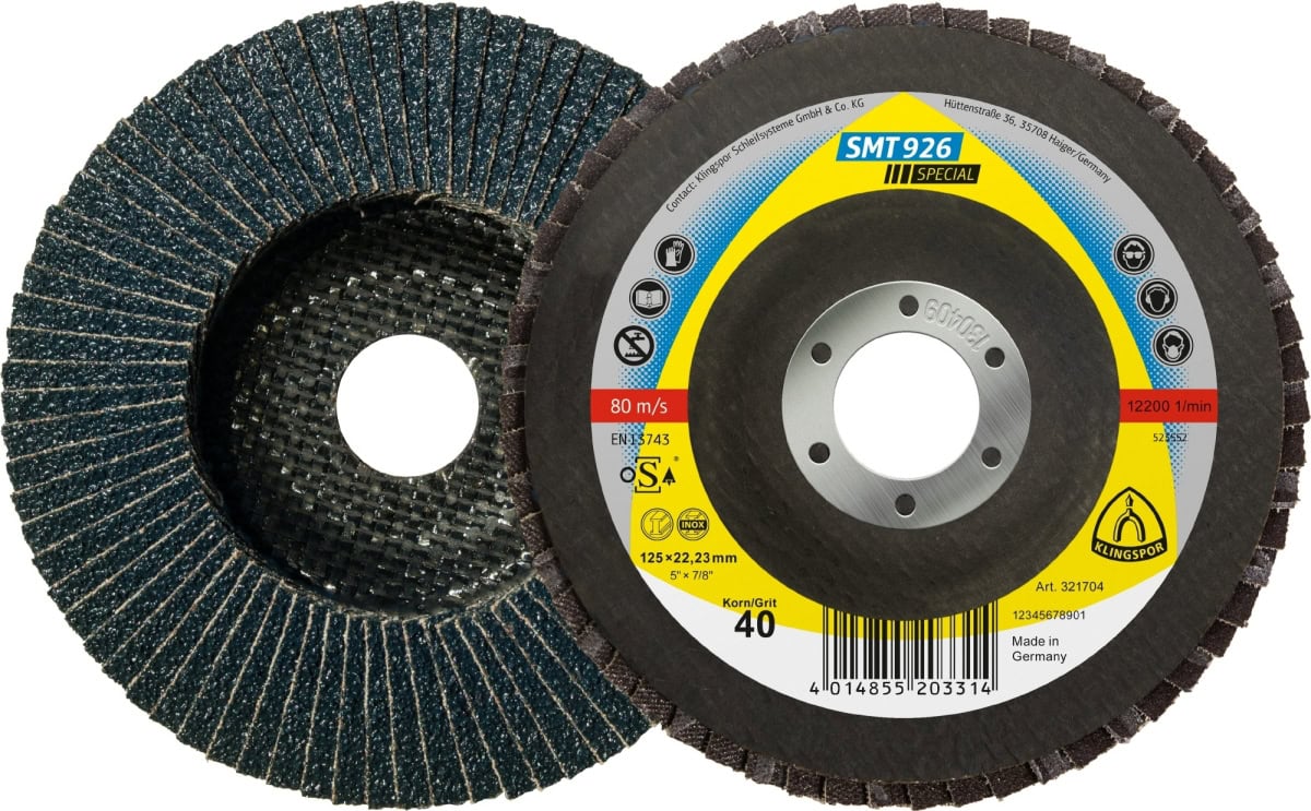KLINGSPOR SMT 926 Special Schleifmopteller 321706, Ø 115 mm x 22 mm, P60, Z, 13.300 U./Min., Gewölbt, Zirkonkorund, Für Edelstahl und Stahl